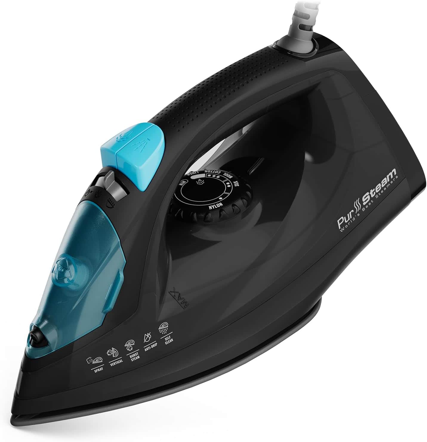 PurSteam - Professional 1250W Steam Iron - Powerful Burst of Steam & Spray, Non-Stick Soleplate, Temperature Control, Auto Shut-Off - Black, Gray, Teal