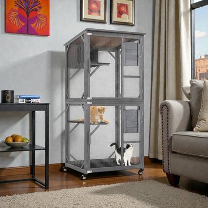 Front. BreeBe - Large Outdoor Wooden Cat Home with Tall Frame and Asphalt Roof Protection.