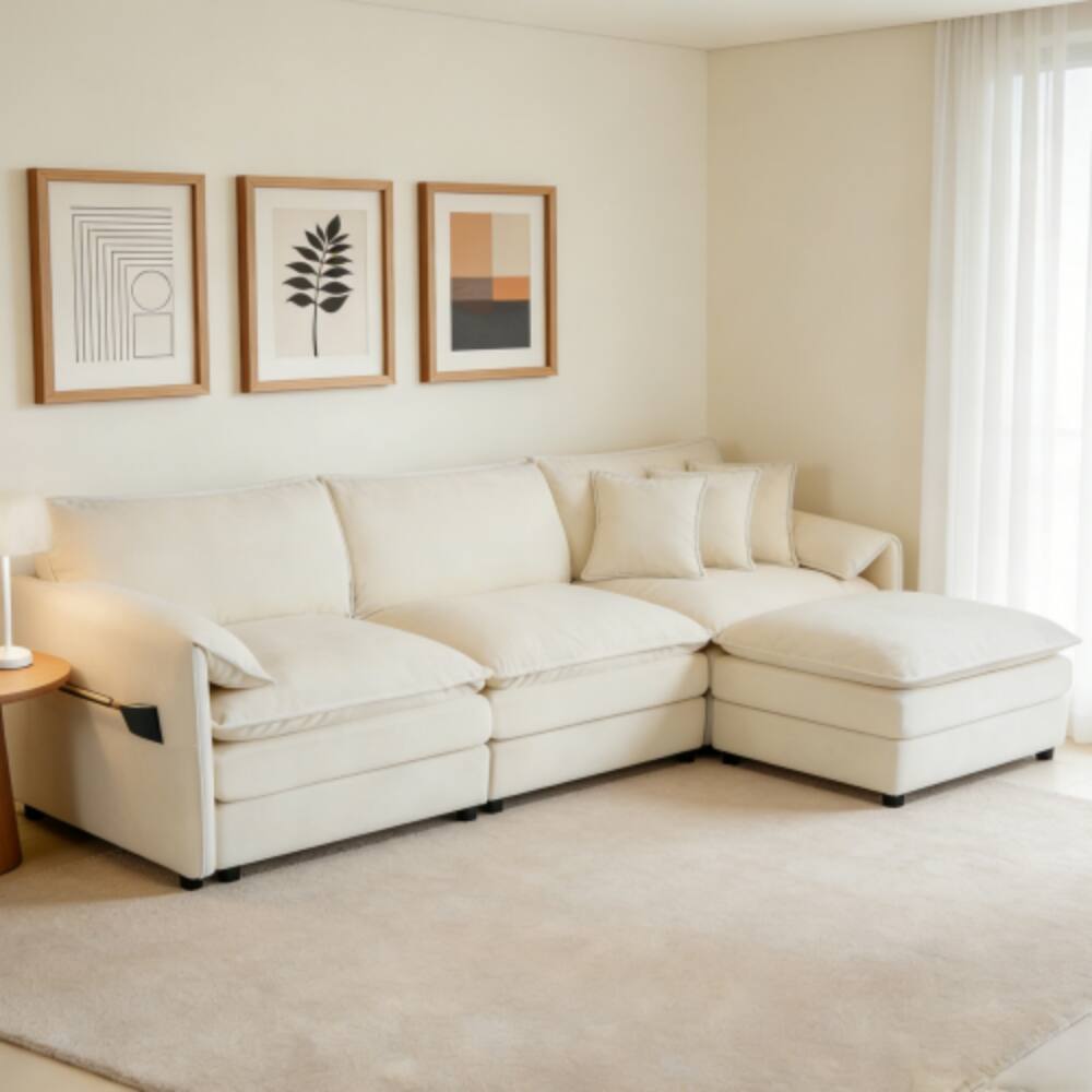 Alt View 4. LUCKY ONE - Oversized Deep Seat Modular L-Shape Sectional Sofa w/ Movable Ottoman DIY 3-Seater - Beige.