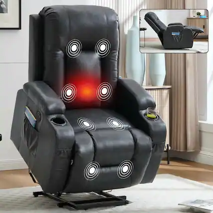 Front. Kadyn - Power Lift Recliner Chair, 8-Point Massage & Heat, 350lb Capacity, USB Port, Cup Holders, Gray - Gray.