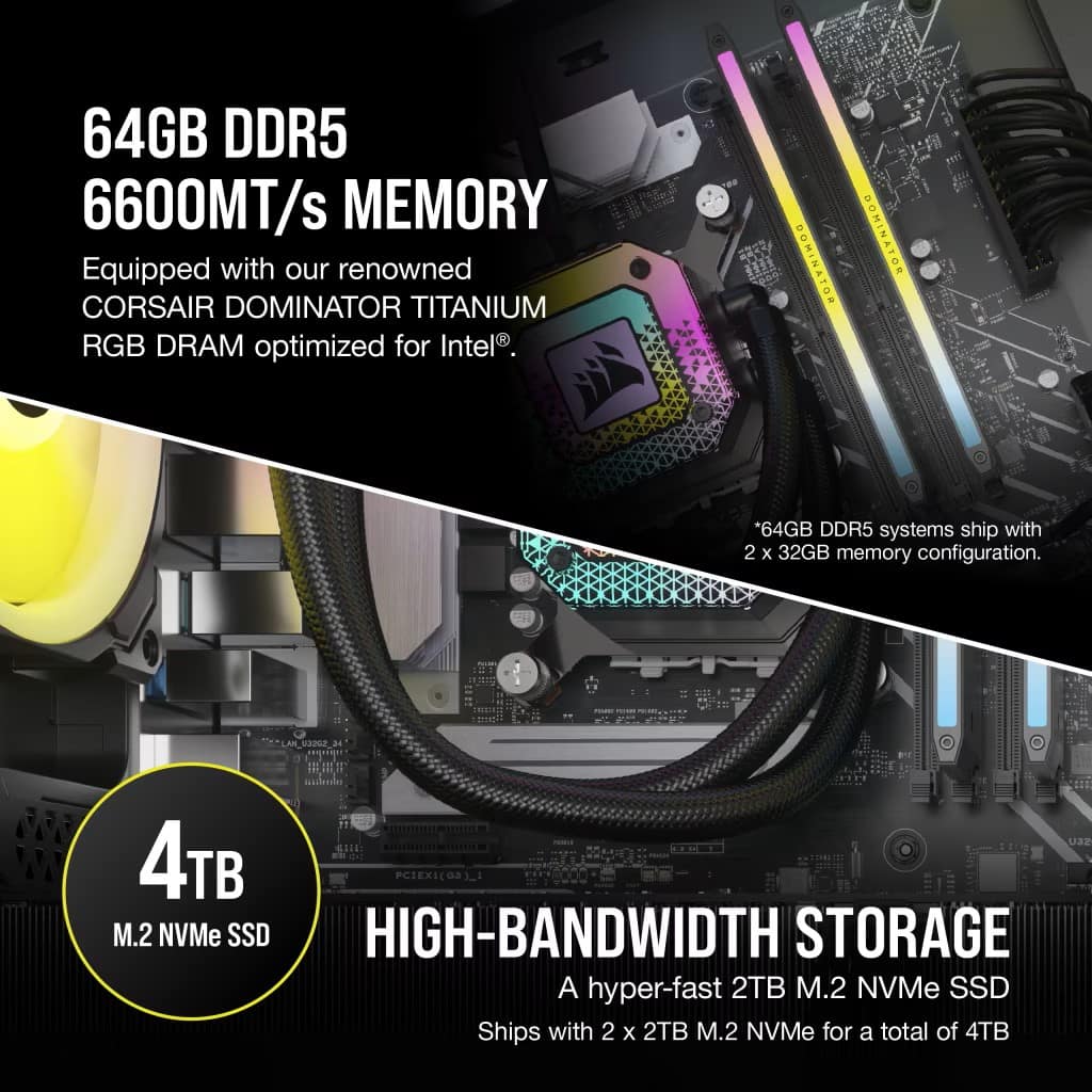 The image features a comparison between two different computer components. The first component is a 64GB DDR5 6600MT/s Memory, which is equipped with a renowned CORSAIR DOMINATOR TITANIUM RGB DRAM optimized for Intel DOMINATOR COMINATOR ATOR. The second component is a 4B M.2 NVMe SSD, which offers high-bandwidth storage with a hyper-fast 2TB M.2 NVMe SSD. The image also shows a comparison of the two components in terms of storage capacity, with the 4B M.2 NVMe SSD providing a total of 4TB storage.