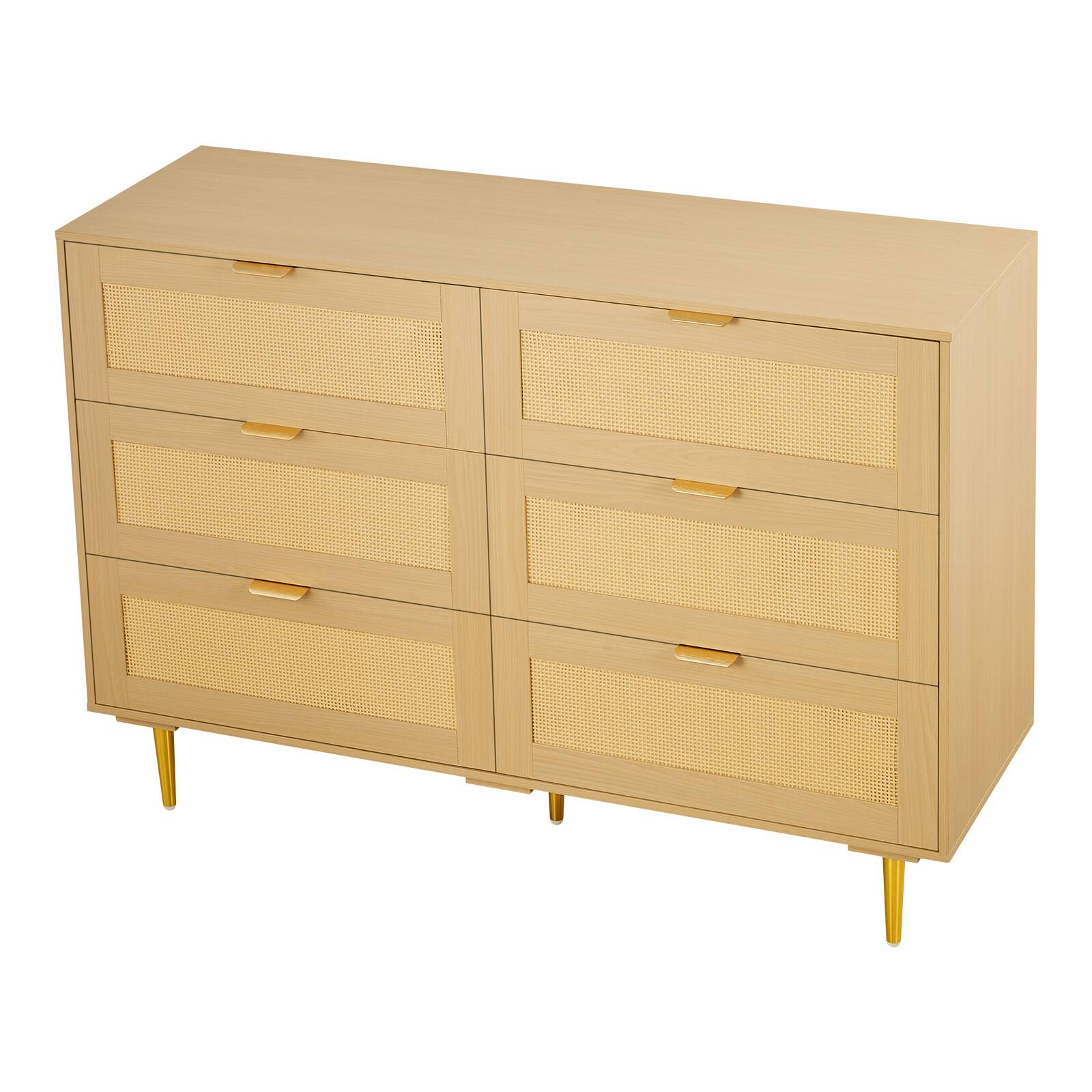 Alt View 5. VEVOR - 6 Drawer Rattan Dresser, Double Dresser for Bedroom, Natural Rattan Chest of Drawers with Metal Handles & Legs - Natural Wood.