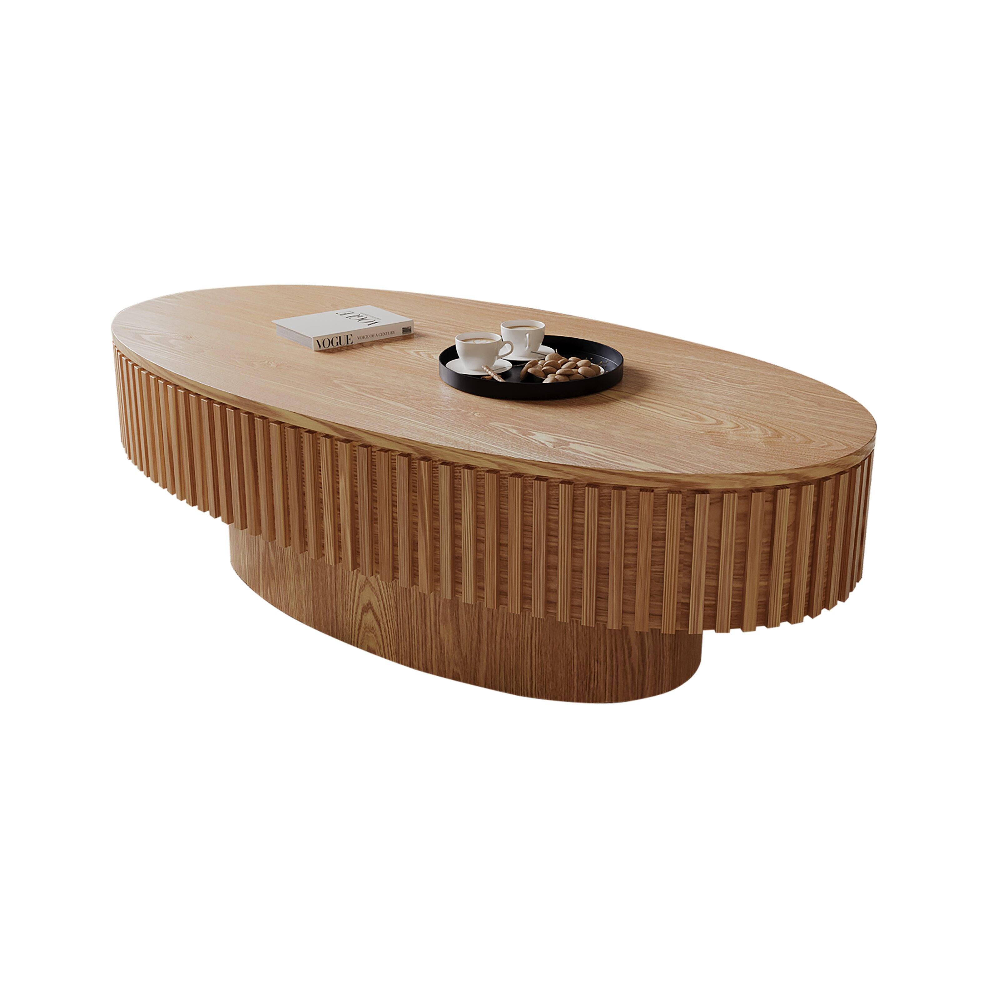 Alt View 6. Loheer - Loheer 47 Inch Oval Coffee Table with Storage Modern Solid Wood Veneer Low Profile Accent Center Table for Living Room - Natural Wood.