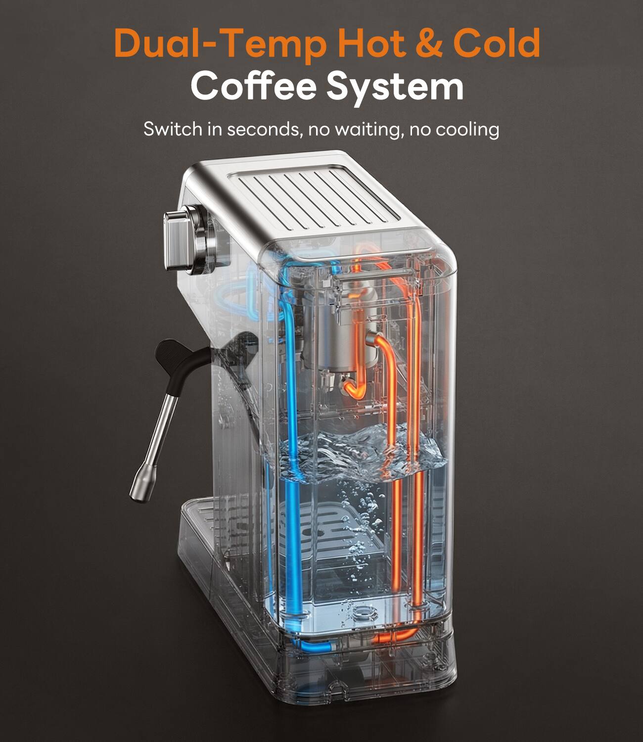 Dual-Temp Hot & Cold Coffee System  
Switch in seconds, no waiting, no cooling