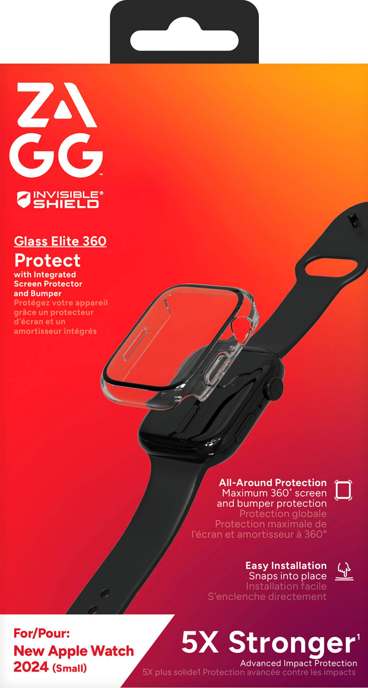 ZAGG Glass Elite 360 Protect with Integrated Screen Protector and Bumper - All-Around Protection - Maximum 360 screen and bumper protection - Protection globale - Protection maximale de l'cran et amortisseur - Easy Installation - Snaps into place - For/Pour: New Apple Watch 5X Stronger - Advanced Impact Protection 2024 (Small) - 5X solide - Protection avance les plus contre impacts.