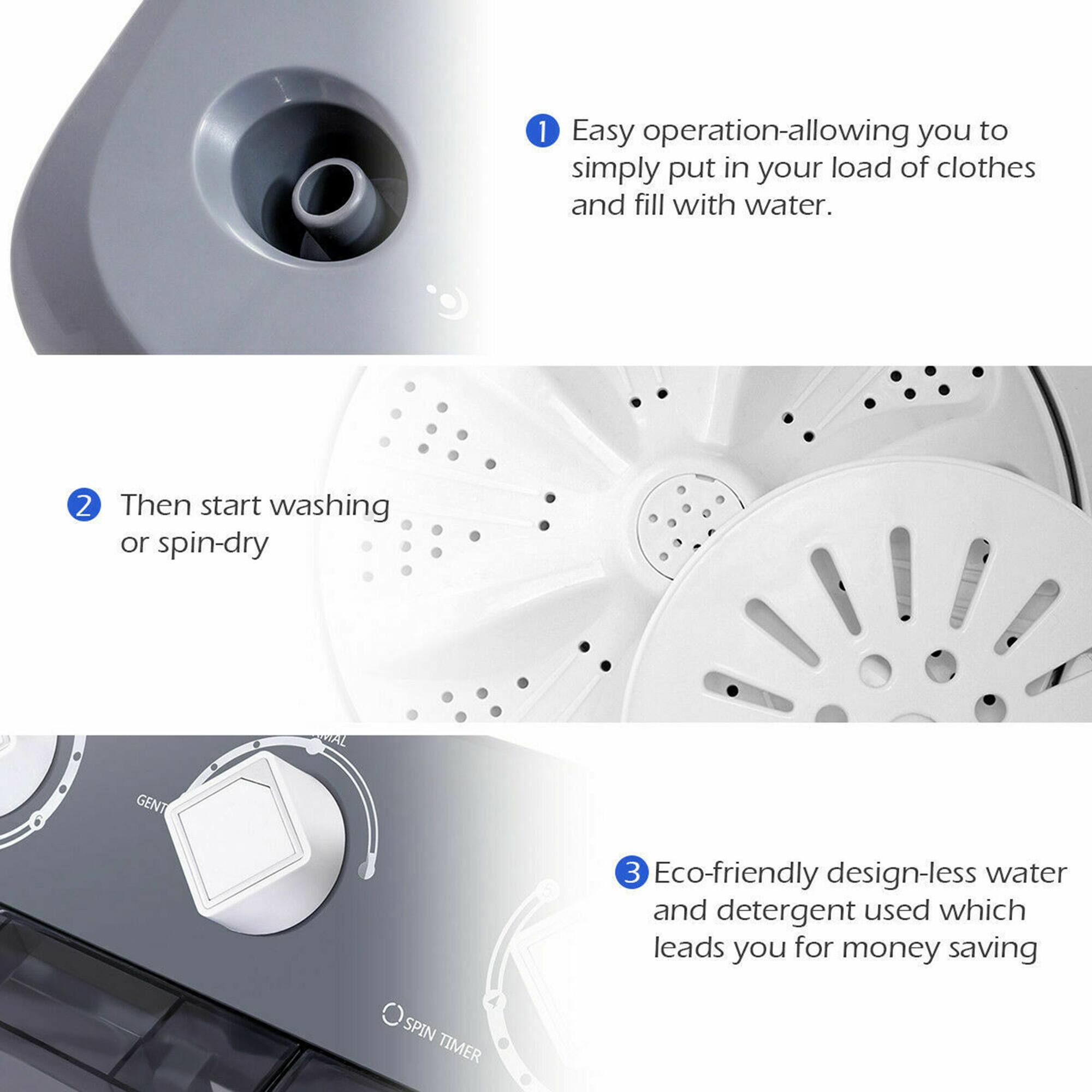 1. Easy operation - allowing you to simply put in your load of clothes and fill with water.

2. Then start washing or spin-dry.

3. Eco-friendly design - less water and detergent used which leads you for money saving.