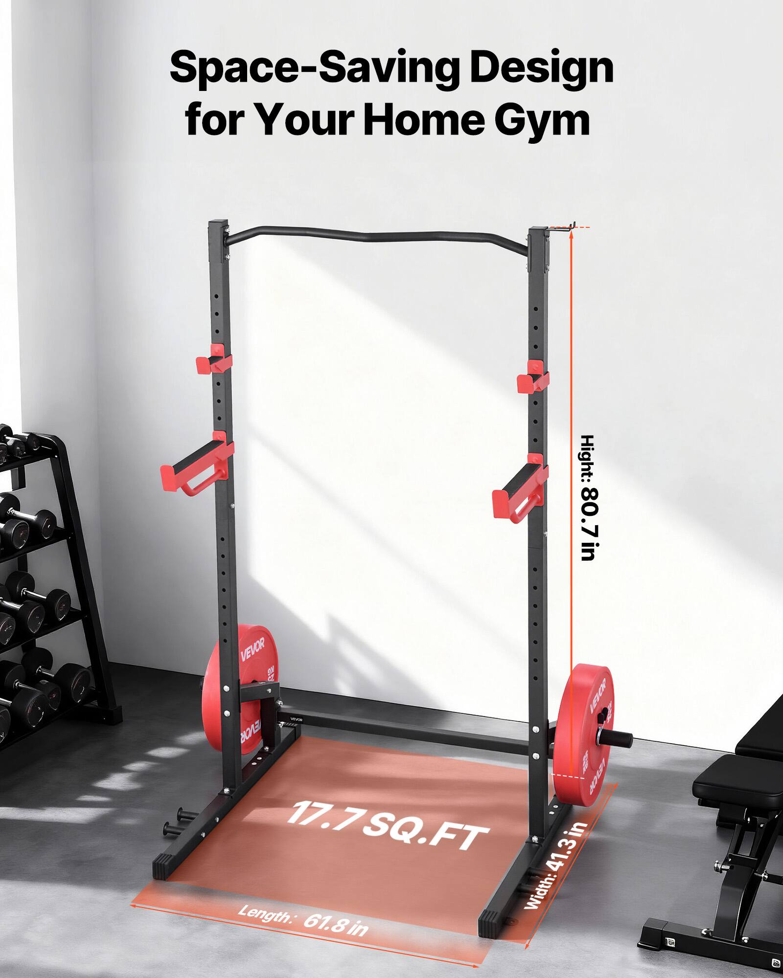 Space-Saving Design for Your Home Gym  
Height: 80.7 in  
Length: 61.8 in  
Width: 41.3 in  
Area: 17.7 SQ. FT
