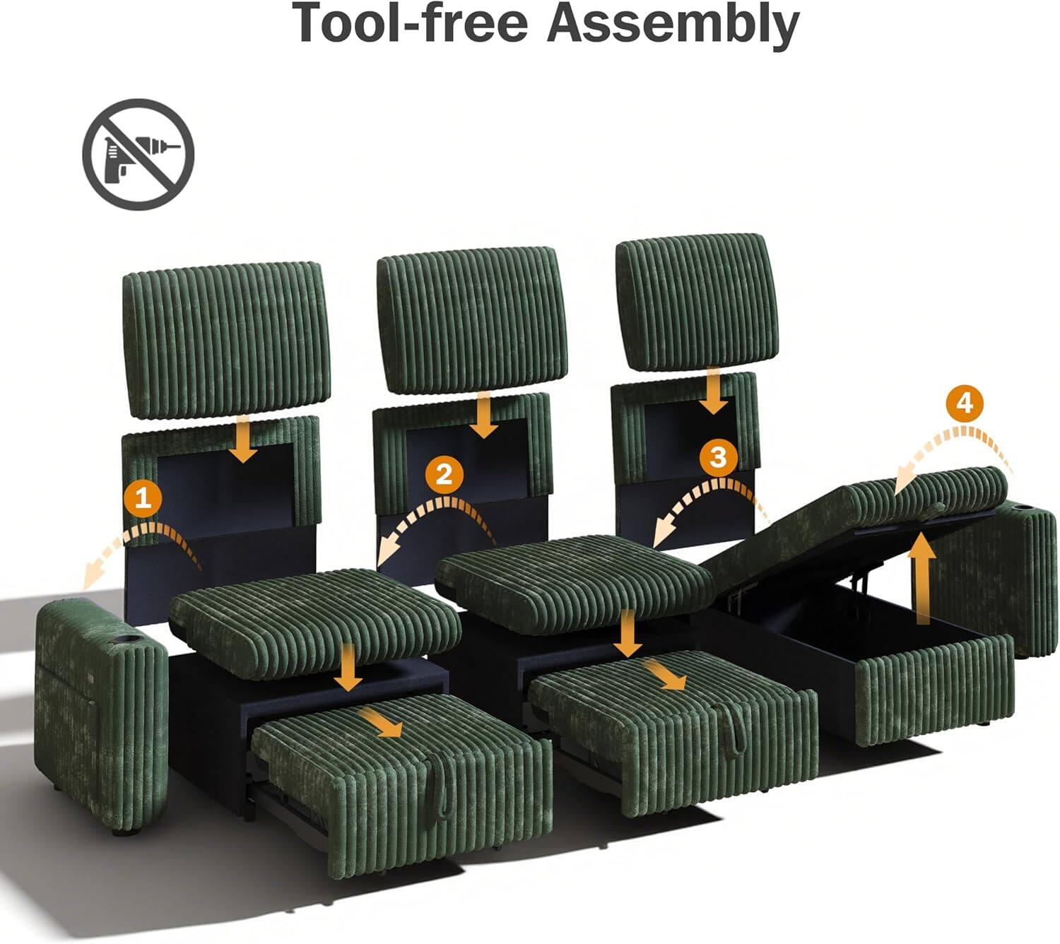 Tool-free Assembly

1. Place the seat cushion on the base.
2. Attach the backrest to the seat cushion.
3. Attach the headrest to the backrest.
4. Attach the armrests to the sides.