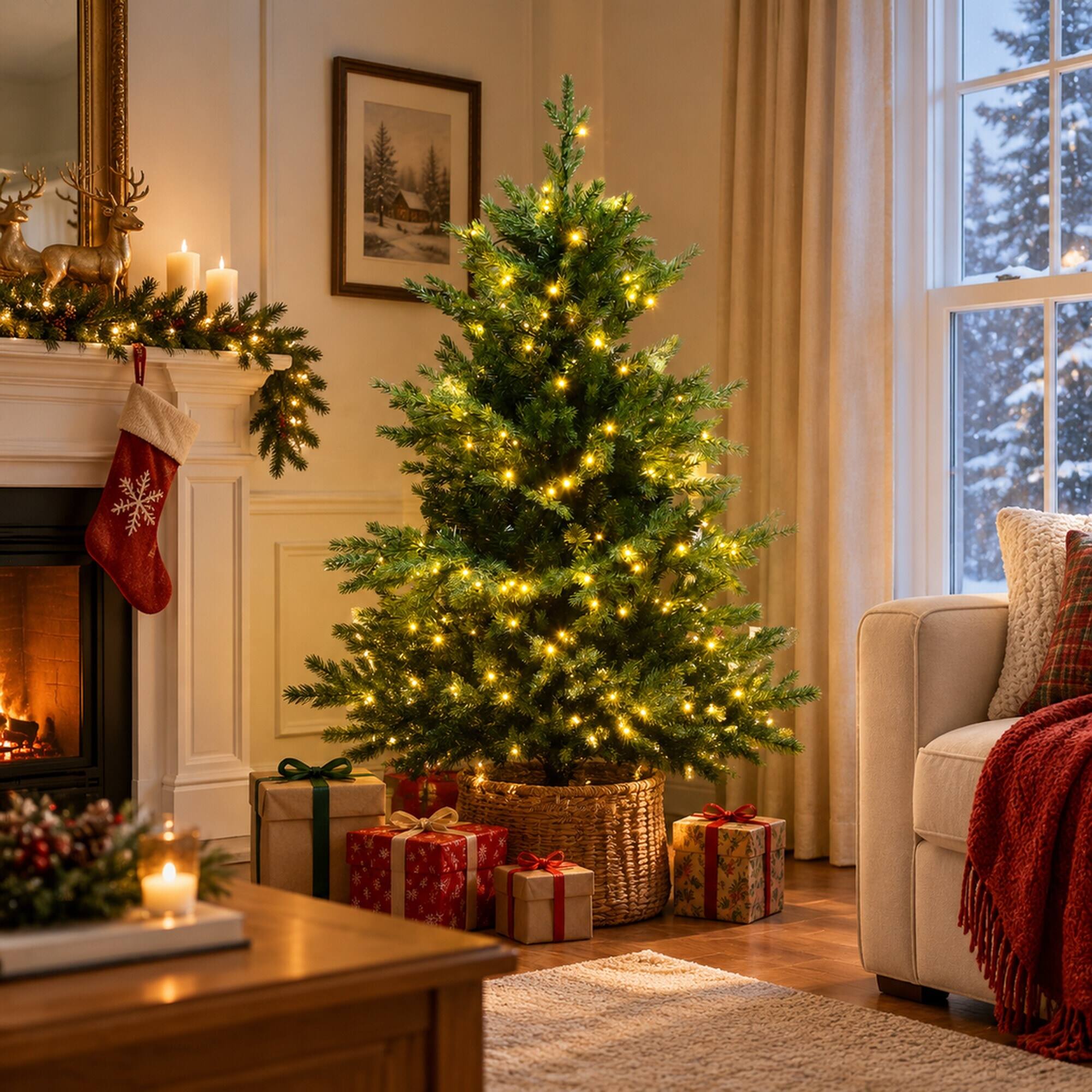 Left. RYHNUYNE - 6 Ft Artificial Christmas Tree With 400 Warm White LED Lights, 2328 Branches Auto Open 8 Light Modes Decor - Green.