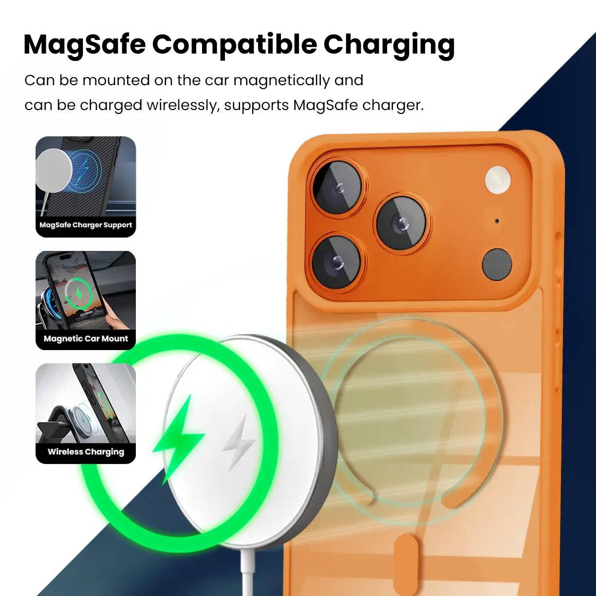 MagSafe Compatible Charging  
Can be mounted on the car magnetically and can be charged wirelessly, supports MagSafe charger.  

MagSafe Charger Support  
Magnetic Car Mount  
Wireless Charging