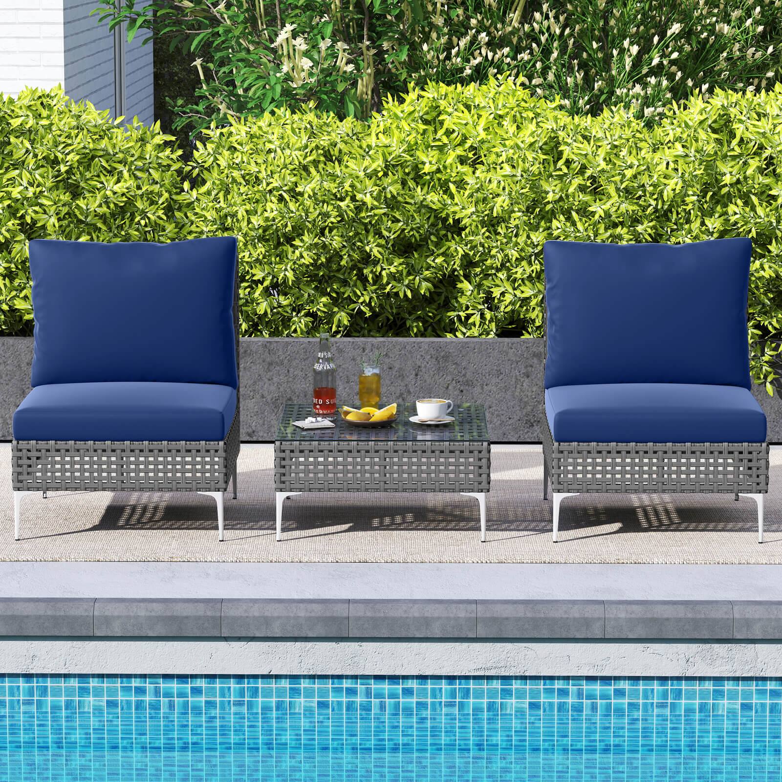 Alt View 2. Costway - Costway 3 PCS Patio Furniture Set with Tempered Glass Coffee Table Soft Back & Seat Cushions - Blue.