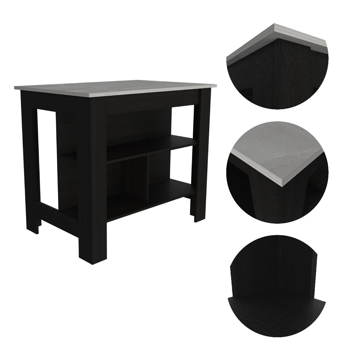 Left. Loheer - Loheer Black and Ibiza Marble Kitchen Island with Three Shelves - Black and Ibiza Marble.
