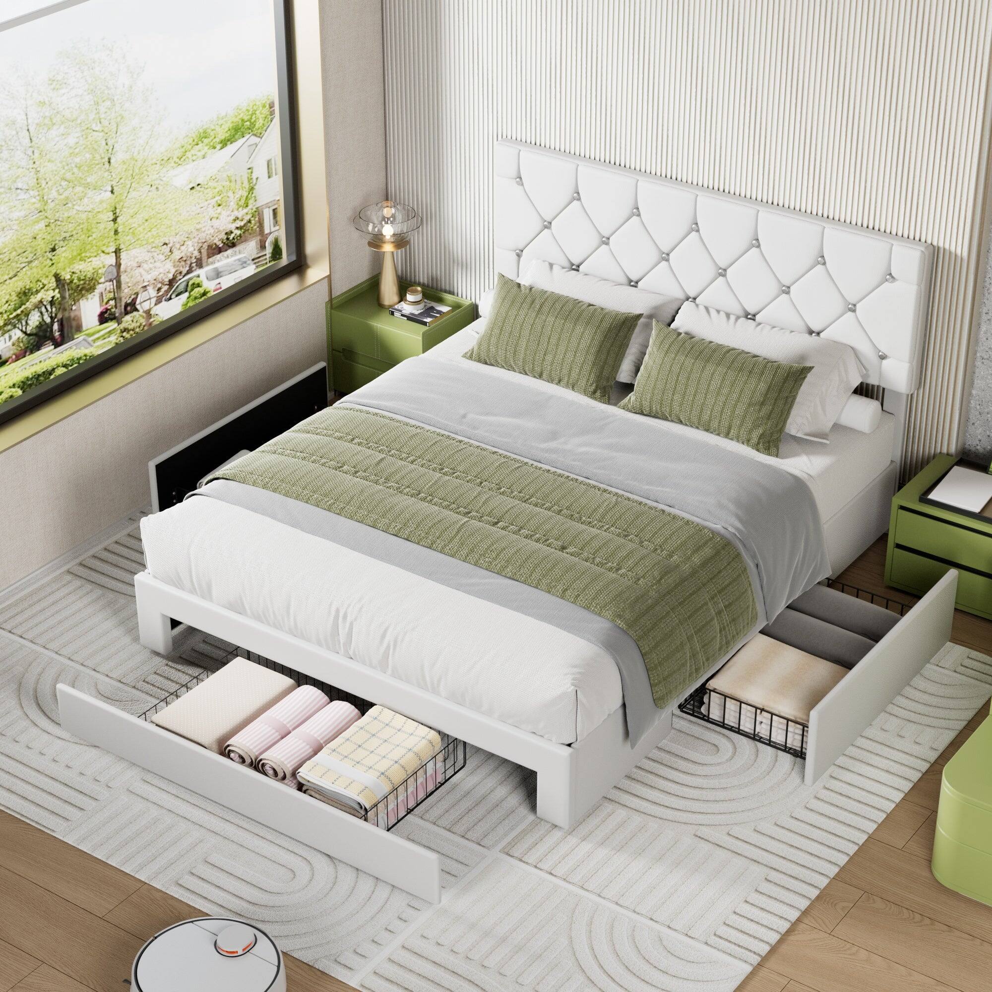 Alt View 1. Vecelo - Queen Bed Frame with Storage Drawers, Upholstered Faux Leather Platform Bed with Adjustable Headboard and Wood Slats - White.