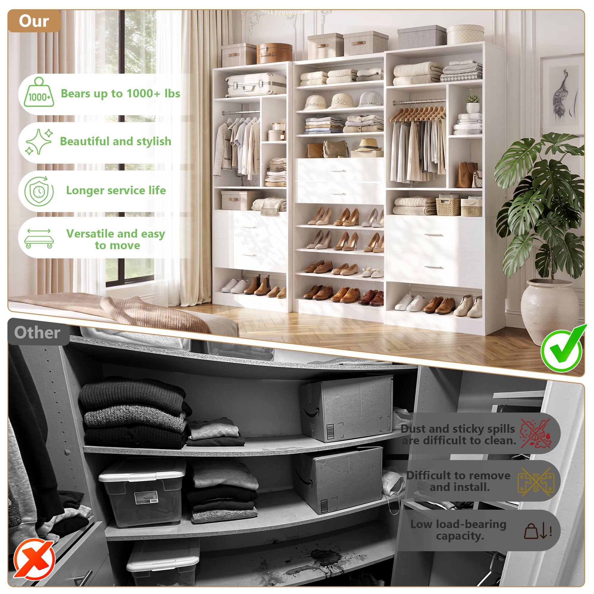 Our
- Bears up to 1000+ lbs
- Beautiful and stylish
- Longer service life
- Versatile and easy to move

Other
- Dust and sticky spills are difficult to clean
- Difficult to remove and install
- Low load-bearing capacity