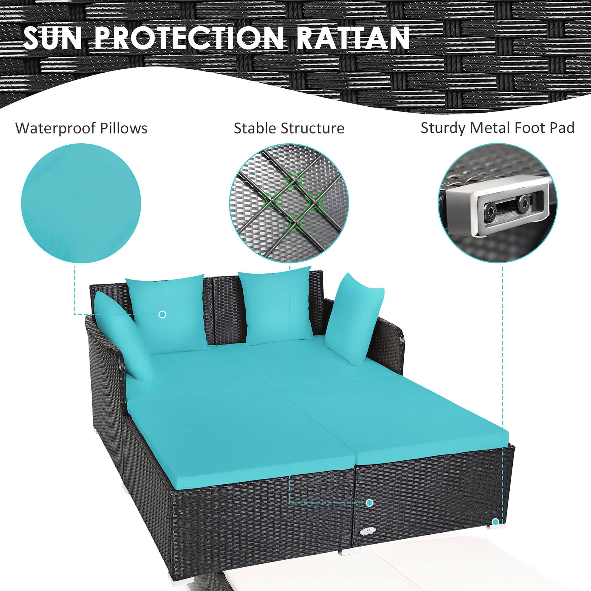 Sun Protection Rattan Waterproof Pillows Stable Structure Sturdy Metal Foot Pad