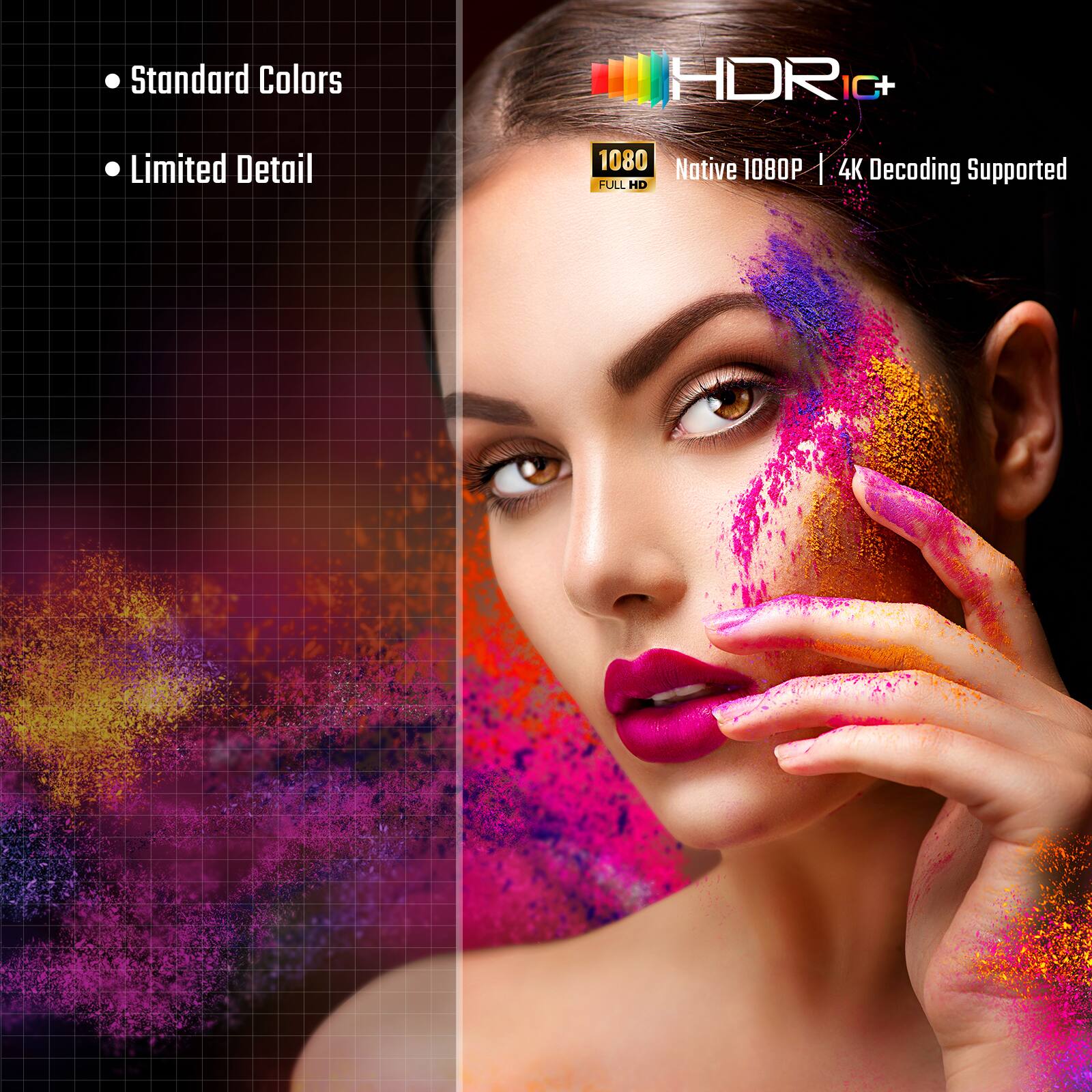 Standard Colors  
Limited Detail  
1080 Native 1080P | FULL HD  
4K Decoding Supported