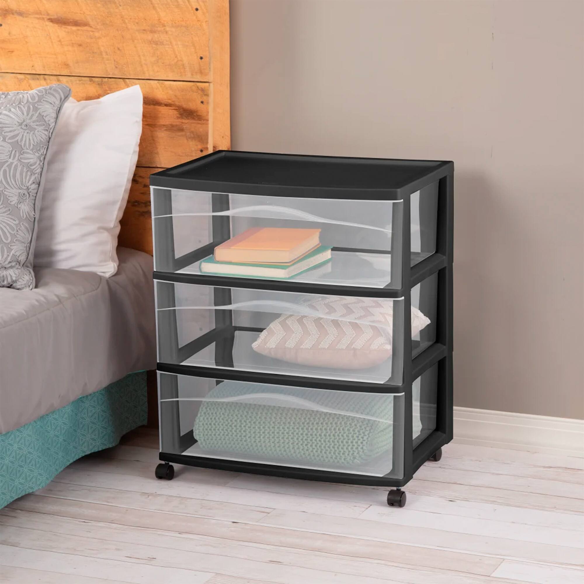 Alt View 3. Sterilite - Sterilite Wide 3 Drawer Storage Cart, Plastic Rolling Organizer, Black Frame.