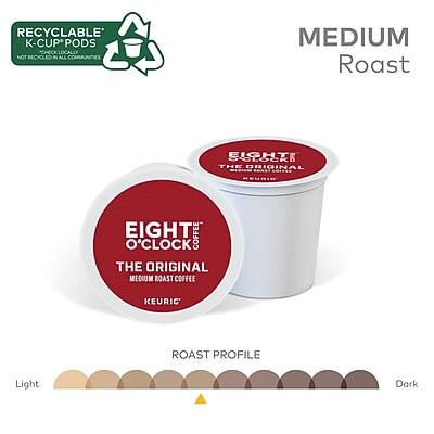 RECYCLABLE K-CUP PODS  
NOT RECYCLED IN ALL COMMUNITIES  

MEDIUM Roast  

EIGHT O'CLOCK  
THE ORIGINAL  
MEDIUM ROAST COFFEE  
KEURIG®  

ROAST PROFILE  
Light  
Dark
