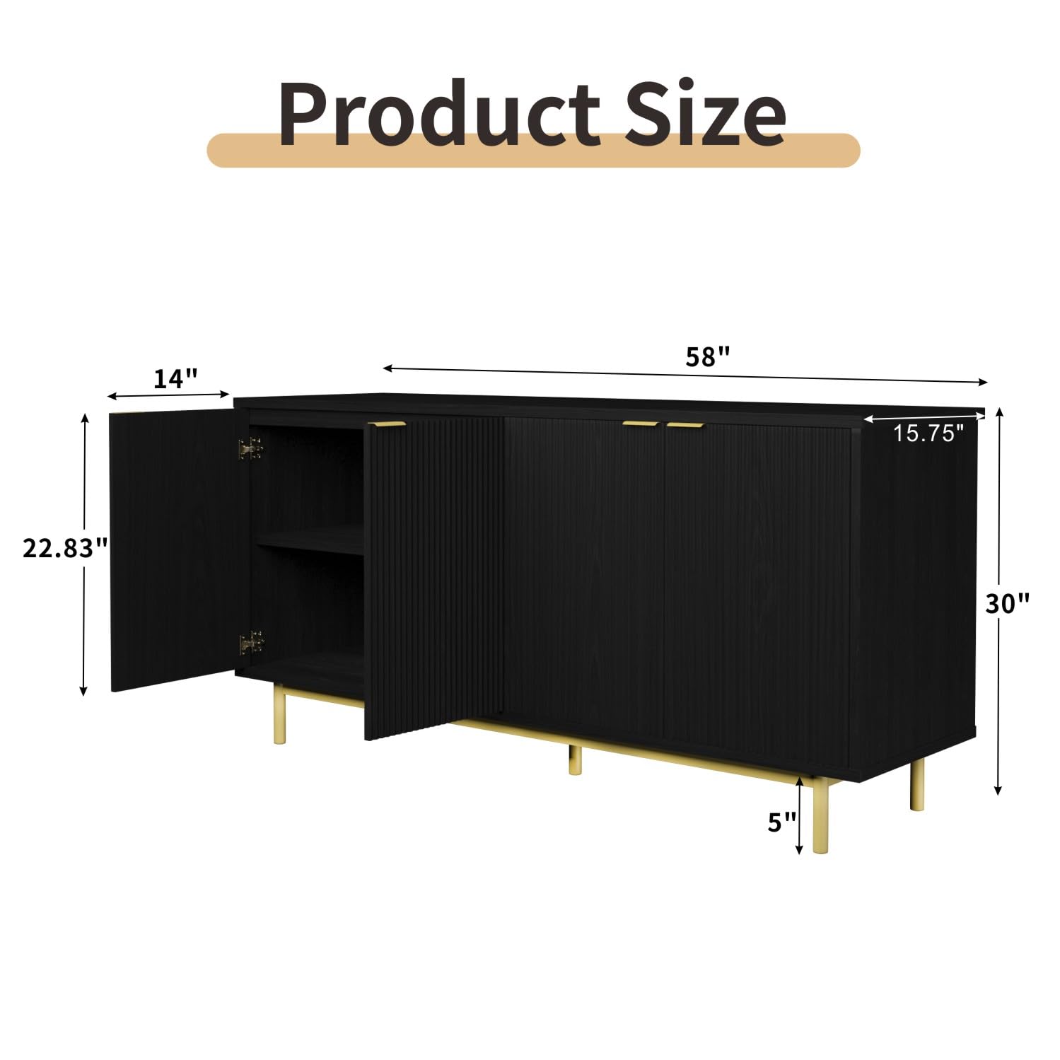 Product Size

- Width: 58"
- Depth: 15.75"
- Height: 30"
- Side Height: 22.83"
- Shelf Height: 14"
- Leg Height: 5"