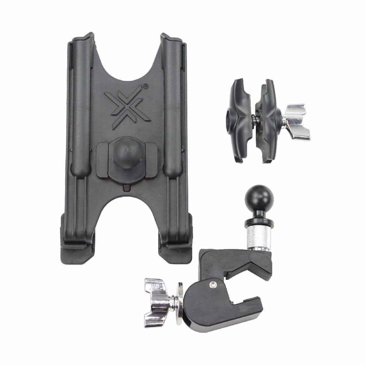 Left. Gibraltar Hardware - Dual Adjust Tablet C-Clamp Table Stand Mount for Workstation, No Slip with Adjustable Angle Placement - Black.