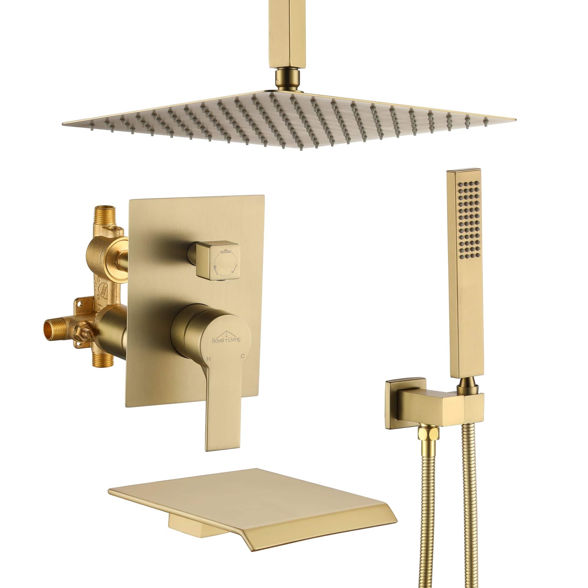 Boyel Living - Ceiling Mount Single-Handle 1-Spray Tub and Shower Faucet - 12 Inch (Valve Included) - Brushed Gold
