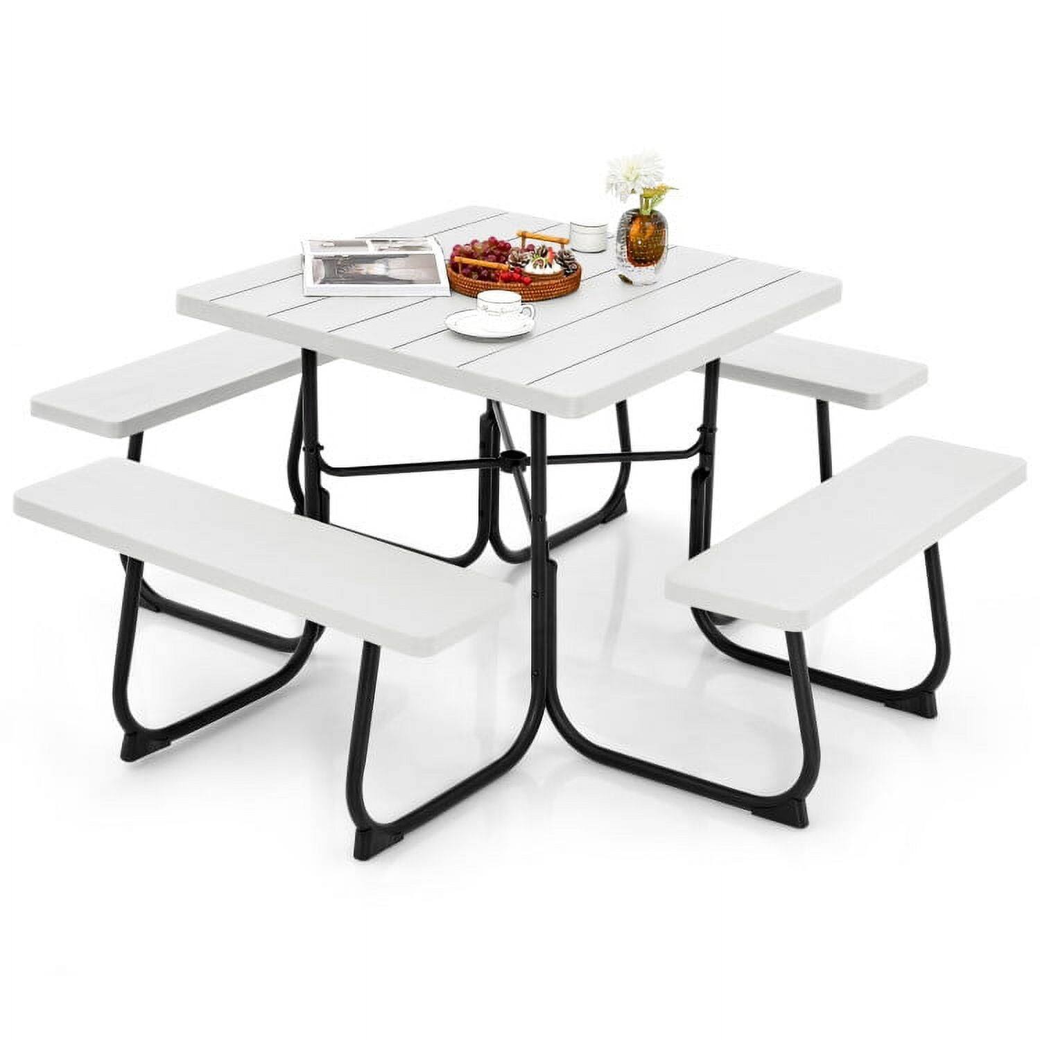 Alt View 1. Kadyn - Outdoor Picnic Table with 4 Benches and Umbrella Hole,Patio Dining Table for Outside Patio,Living Room, White - Black.