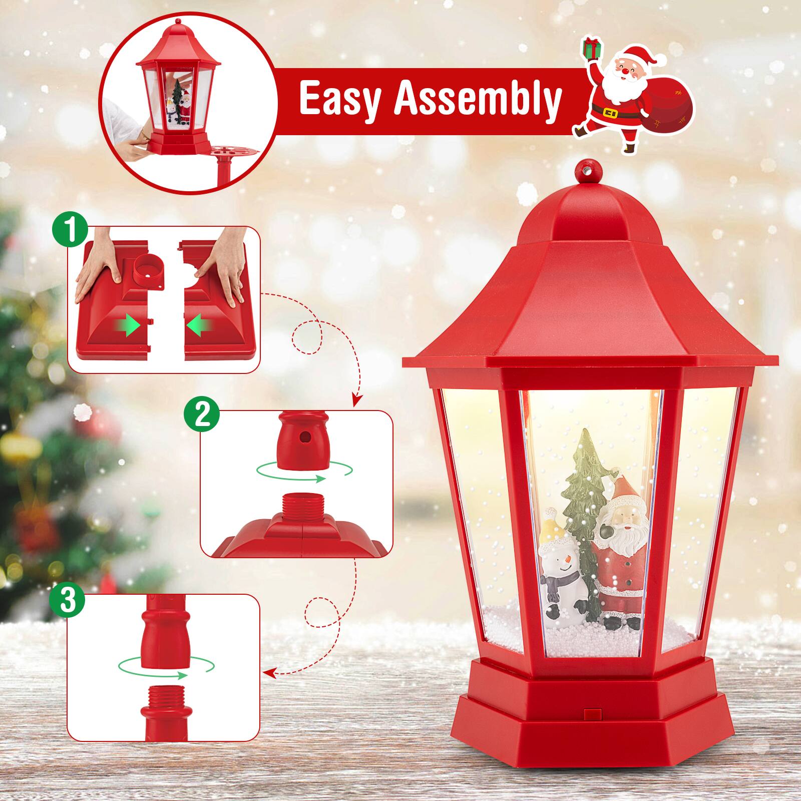 Easy Assembly

1. Place the base pieces together.
2. Attach the top part to the base.
3. Insert the light bulb.