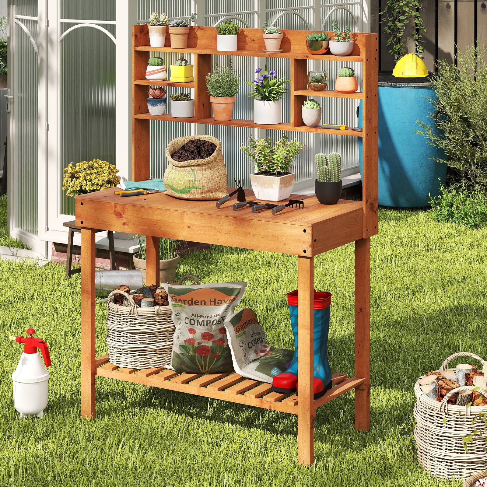 Gymax 61'' Wooden Potting Bench Table w/3 Tier Open Shelf Flip up