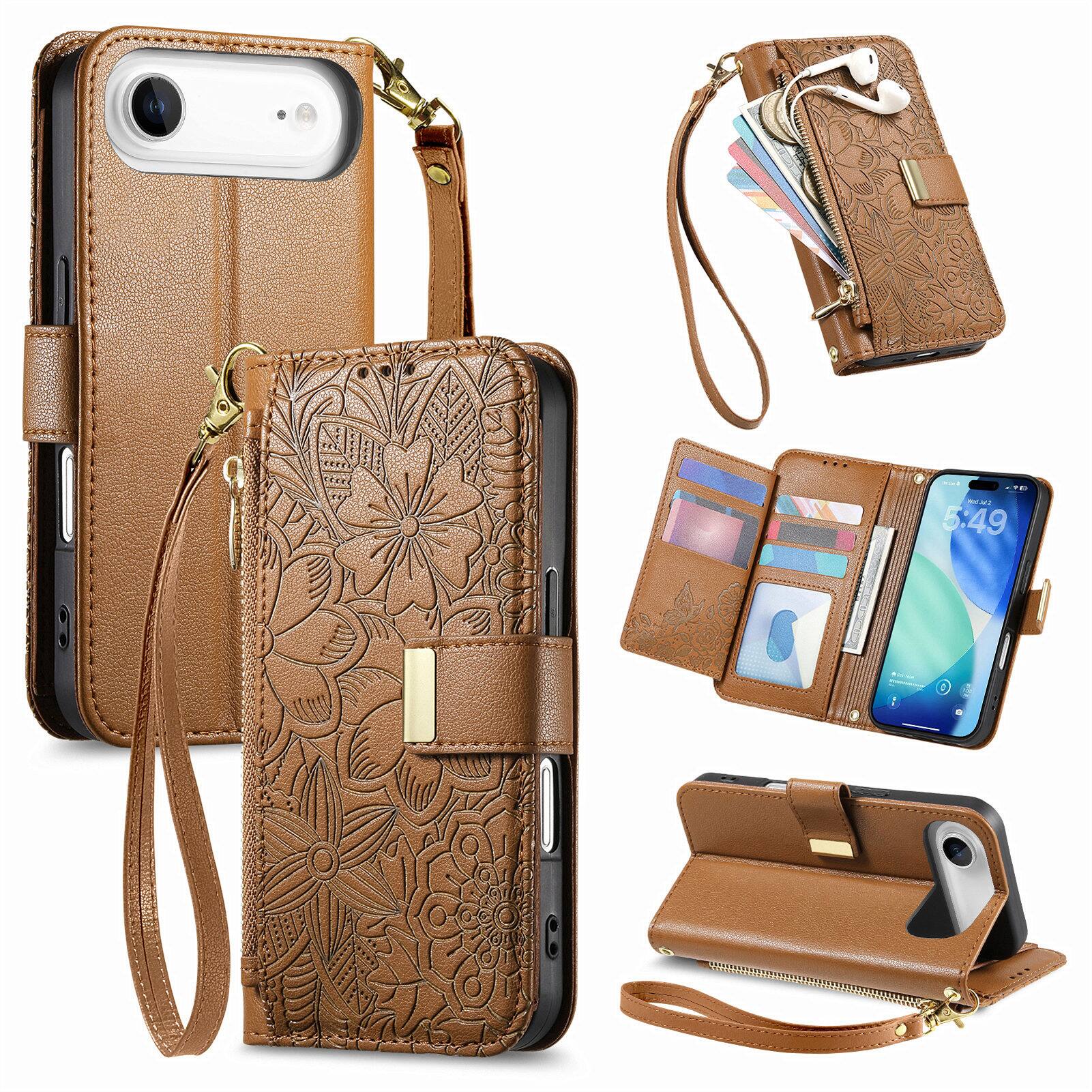 Angle. Dteck - Floral Embossed Leather Zipper Cash Slot Wallet Case for Apple iPhone Air with Detachable Strap - Brown.