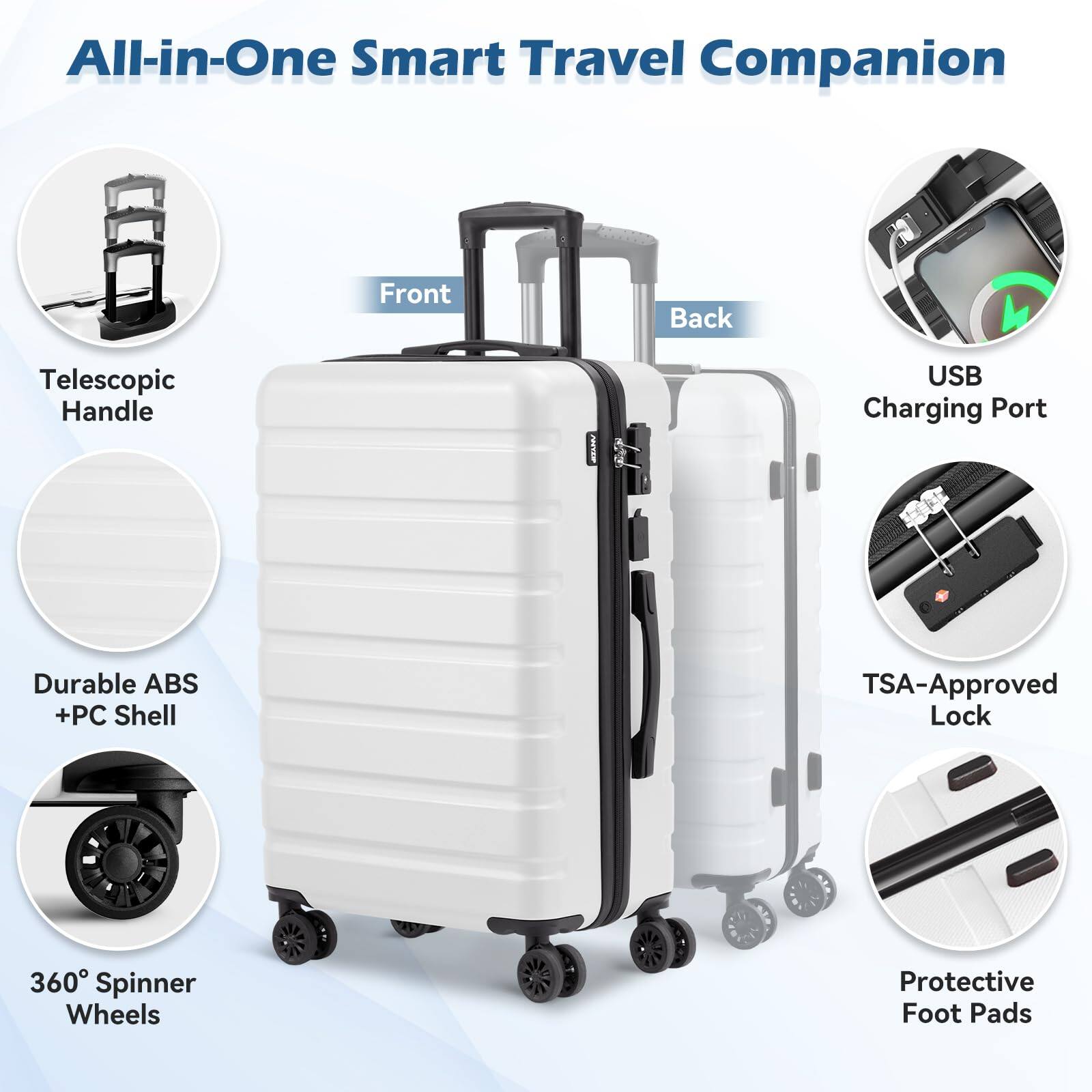 All-in-One Smart Travel Companion

- Telescopic Handle
- Front
- Back
- Durable ABS + PC Shell
- 360° Spinner Wheels
- USB Charging Port
- TSA-Approved Lock
- Protective Foot Pads
