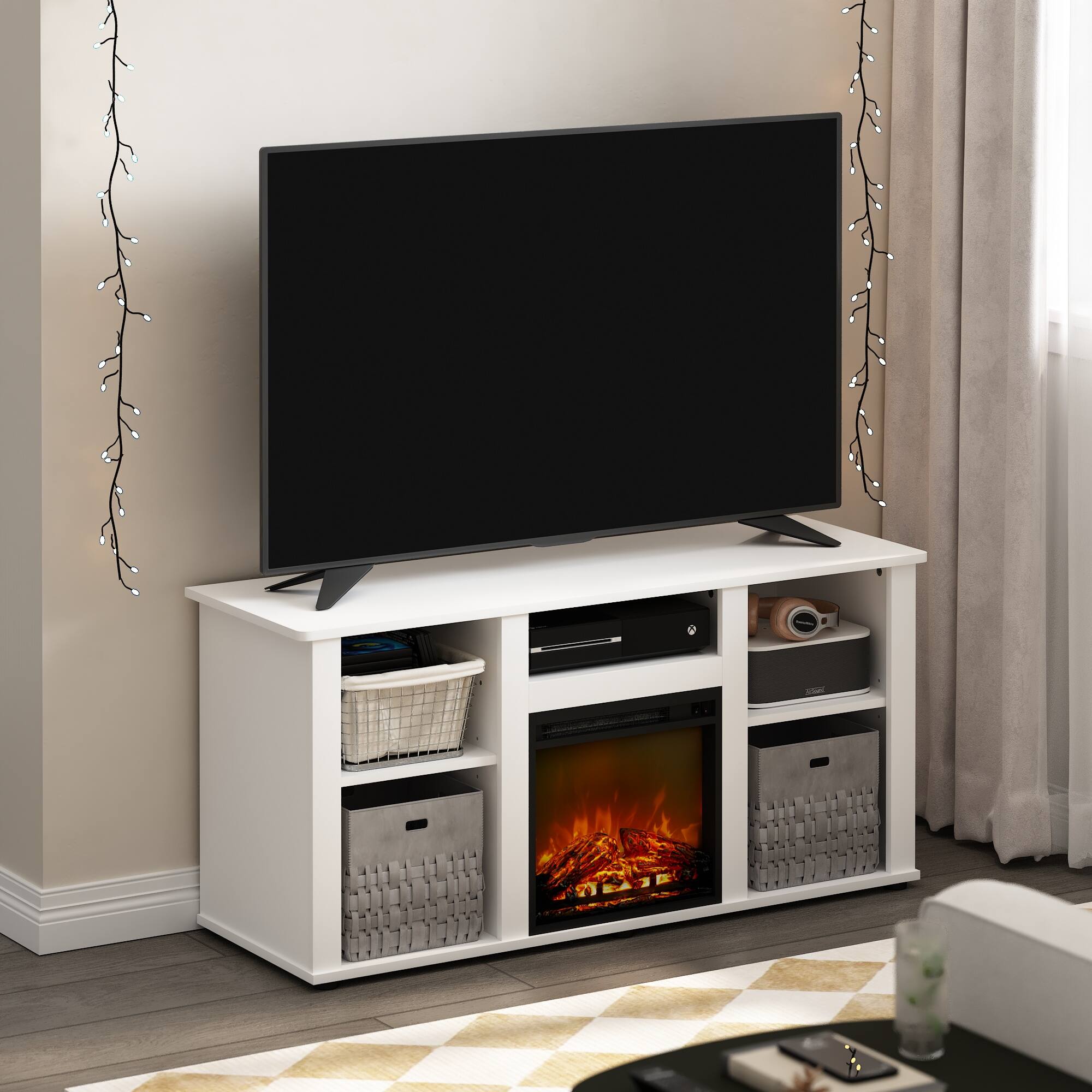 Alt View 5. Furinno - Jensen Fireplace TV Entertainment Center with Open Storage Compartment for TV up to 55 Inch - Solid White.