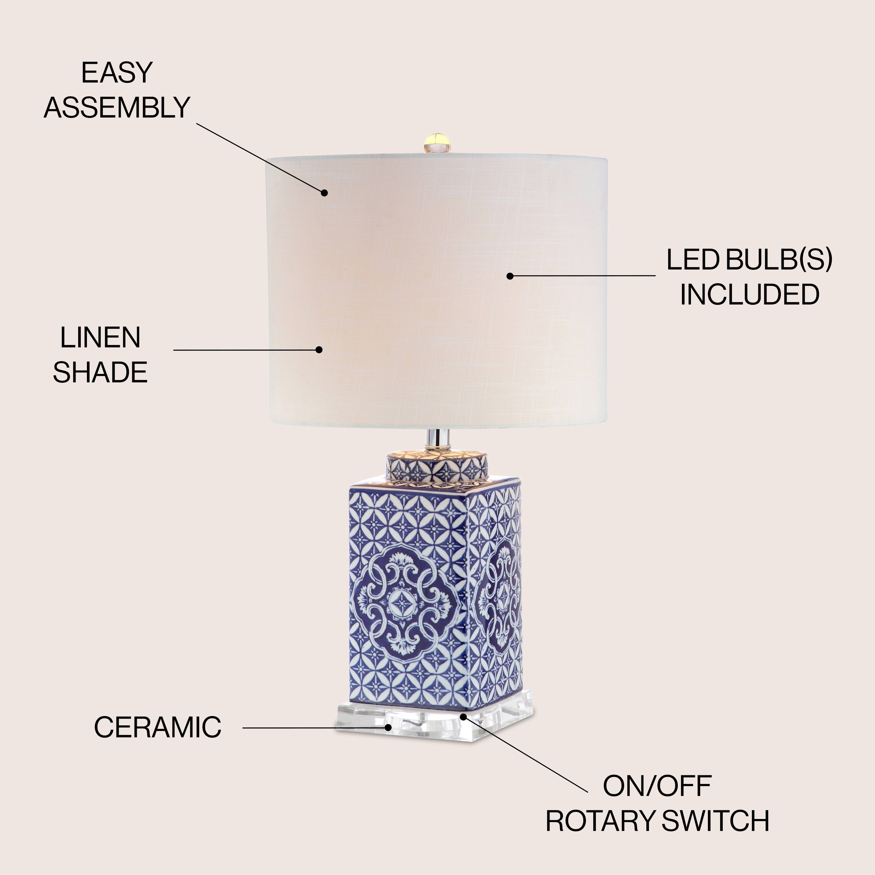 EASY ASSEMBLY  
LINEN SHADE  
LED BULB(S) INCLUDED  
CERAMIC  
ON/OFF ROTARY SWITCH