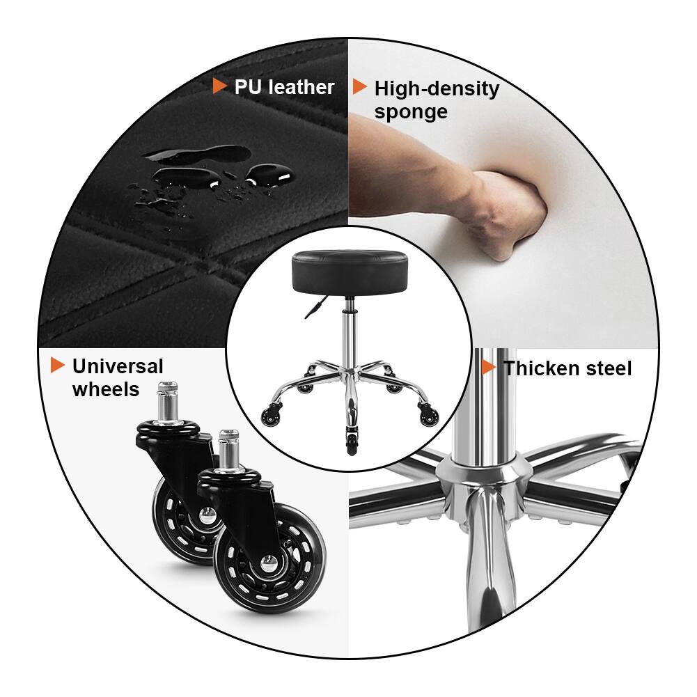 PU leather  
High-density sponge  
Universal wheels  
Thicken steel