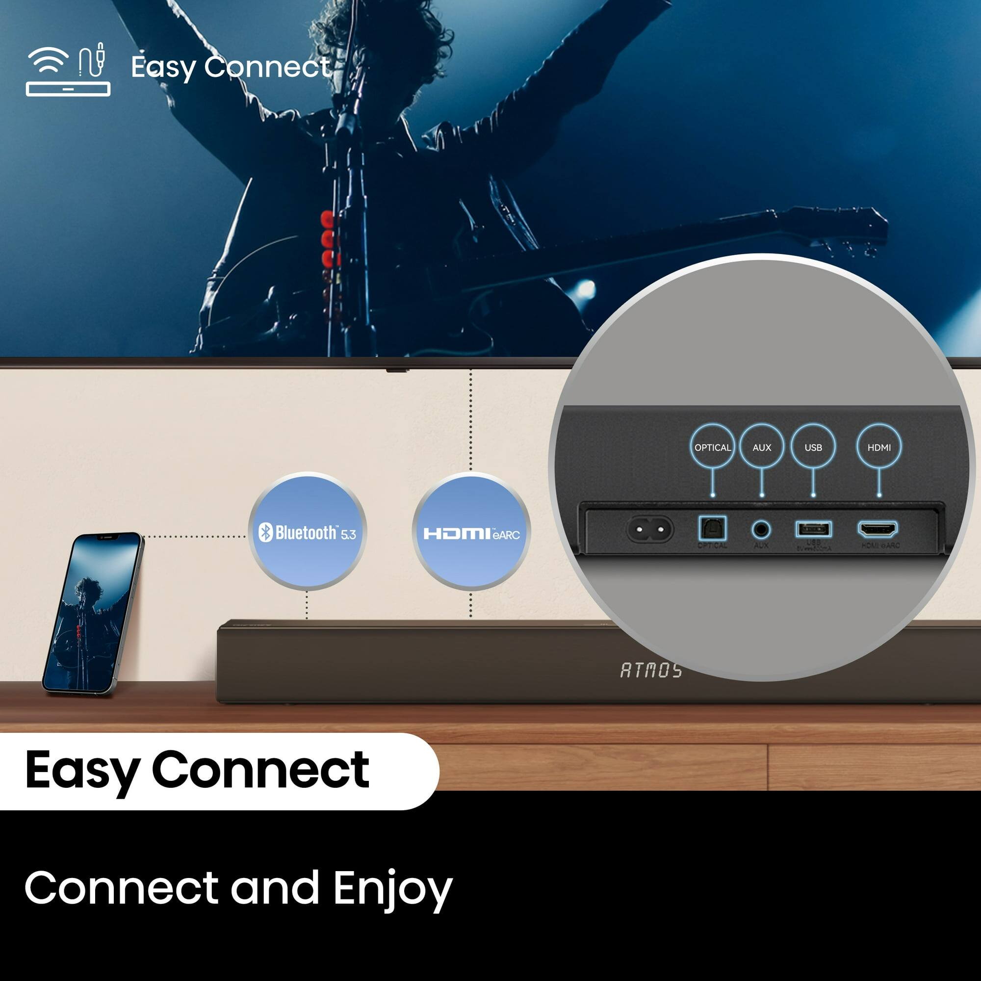 Easy Connect Bluetooth 5.3 HDMI OPTICAL AUX USB HDMI ARC - EARC RTMOS Easy Connect Connect and Enjoy