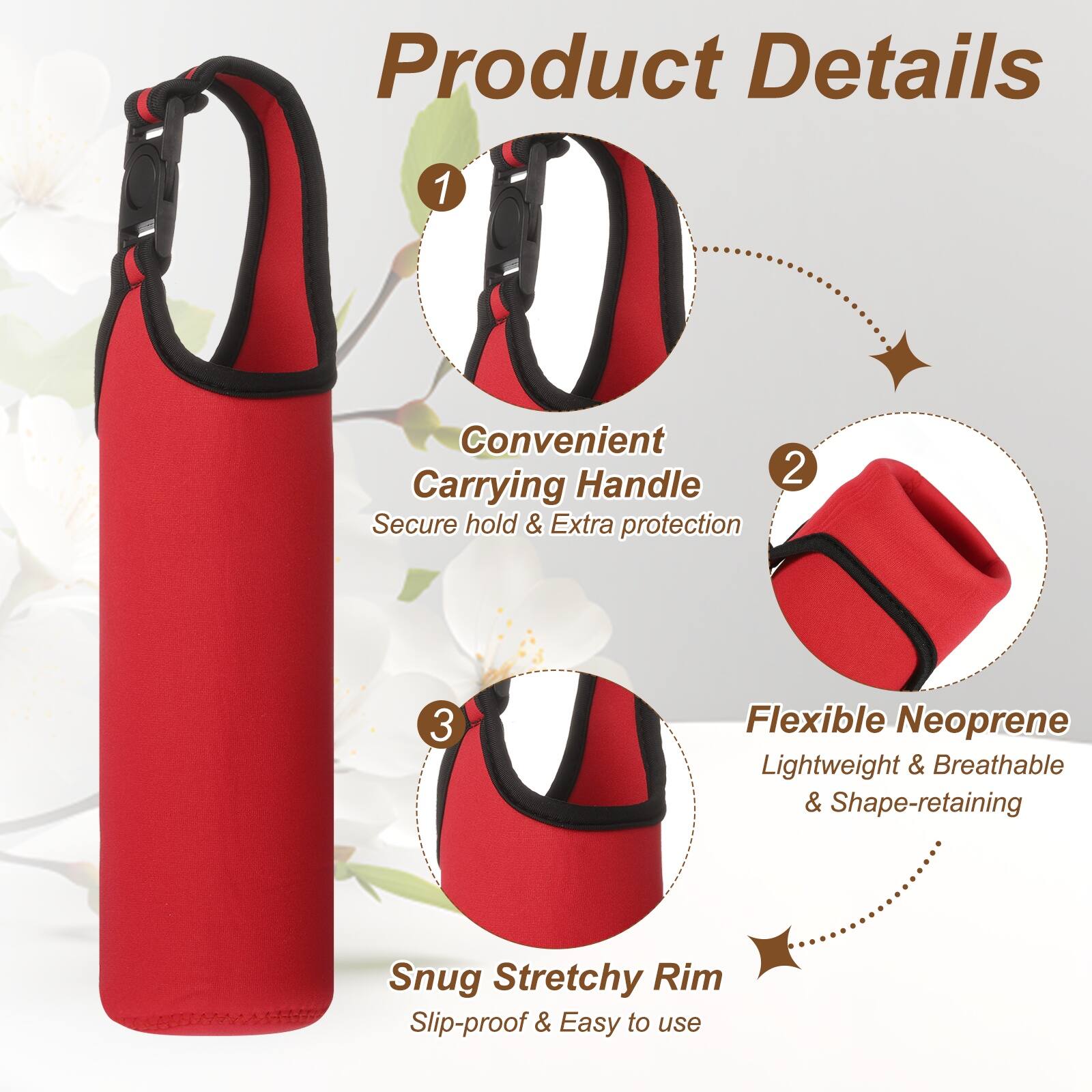 Product Details

1. Convenient Carrying Handle
   - Secure hold & Extra protection

2. Flexible Neoprene
   - Lightweight & Breathable & Shape-retaining

3. Snug Stretchy Rim
   - Slip-proof & Easy to use