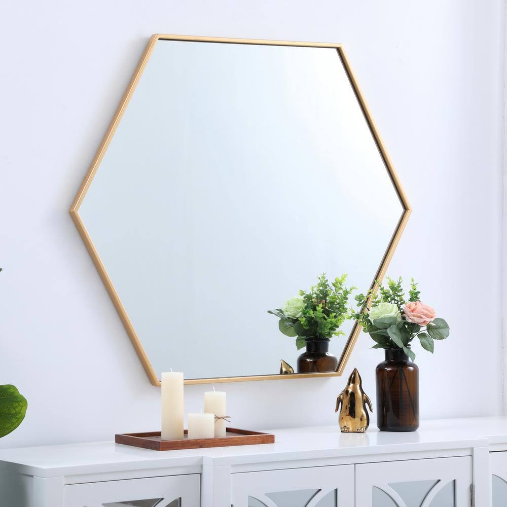 Alt View 7. Elegant Decor - Metal frame hexagon mirror 38 inch in Brass - Brass.