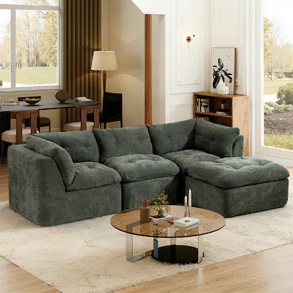 Front. Anysun - Modern Cloud-Style 4-Seat Chenille Modular Sectional Sofa - L-Shape with Ottoman, Deep-Seat Convertible Design - Green.