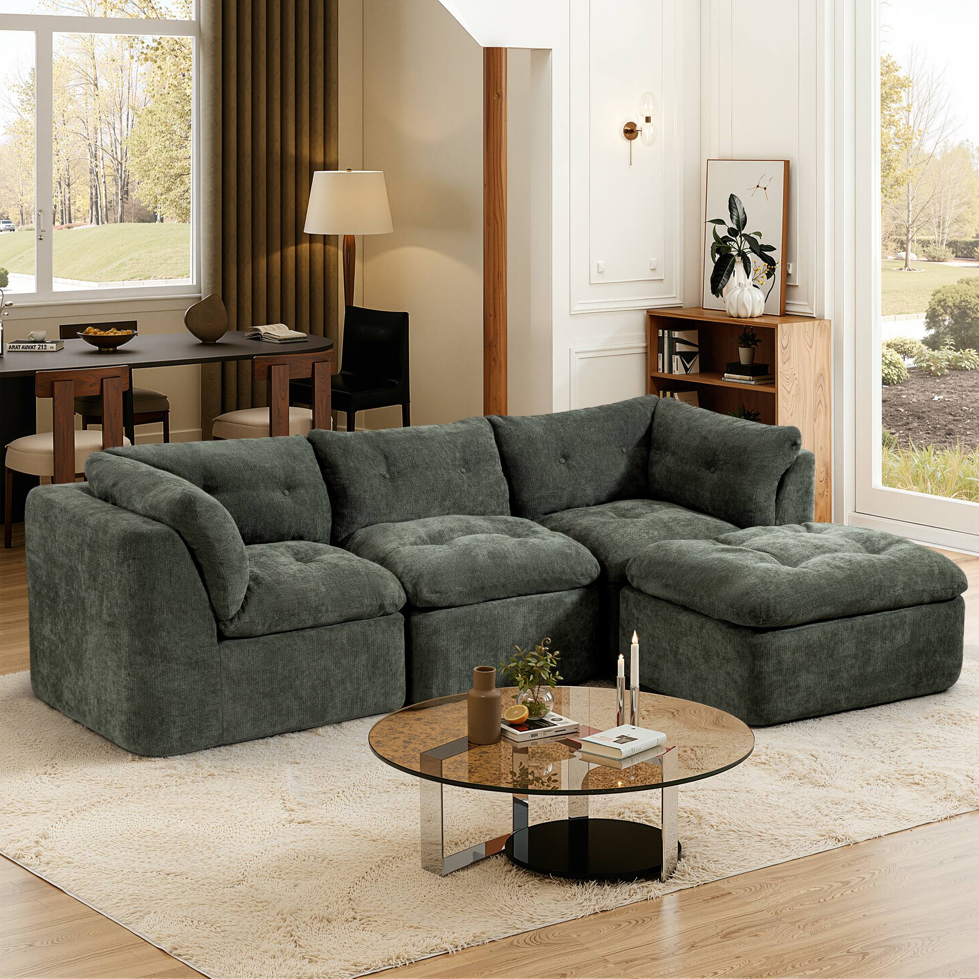 Front. Anysun - Modern Cloud-Style 4-Seat Chenille Modular Sectional Sofa - L-Shape with Ottoman, Deep-Seat Convertible Design - Green.