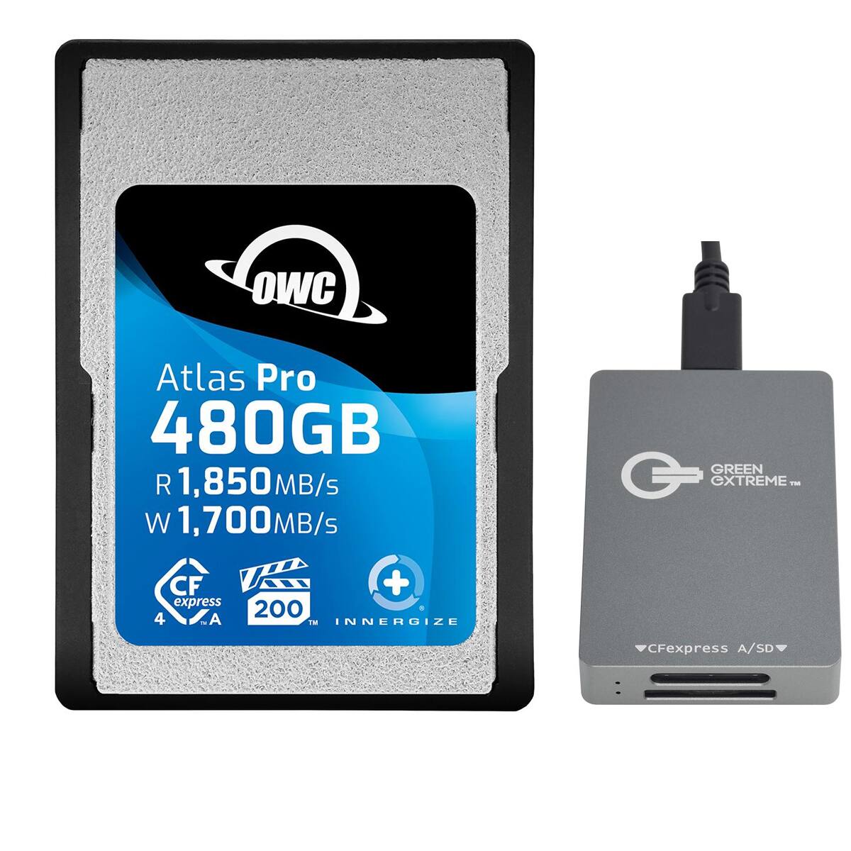 OWC  
Atlas Pro 480GB  
R 1,850MB/s  
W 1,700MB/s  
GREEN EXTREME™  
CF express 4 2.0  
+ 200  
INNERGIZE  
CFexpress A/SD