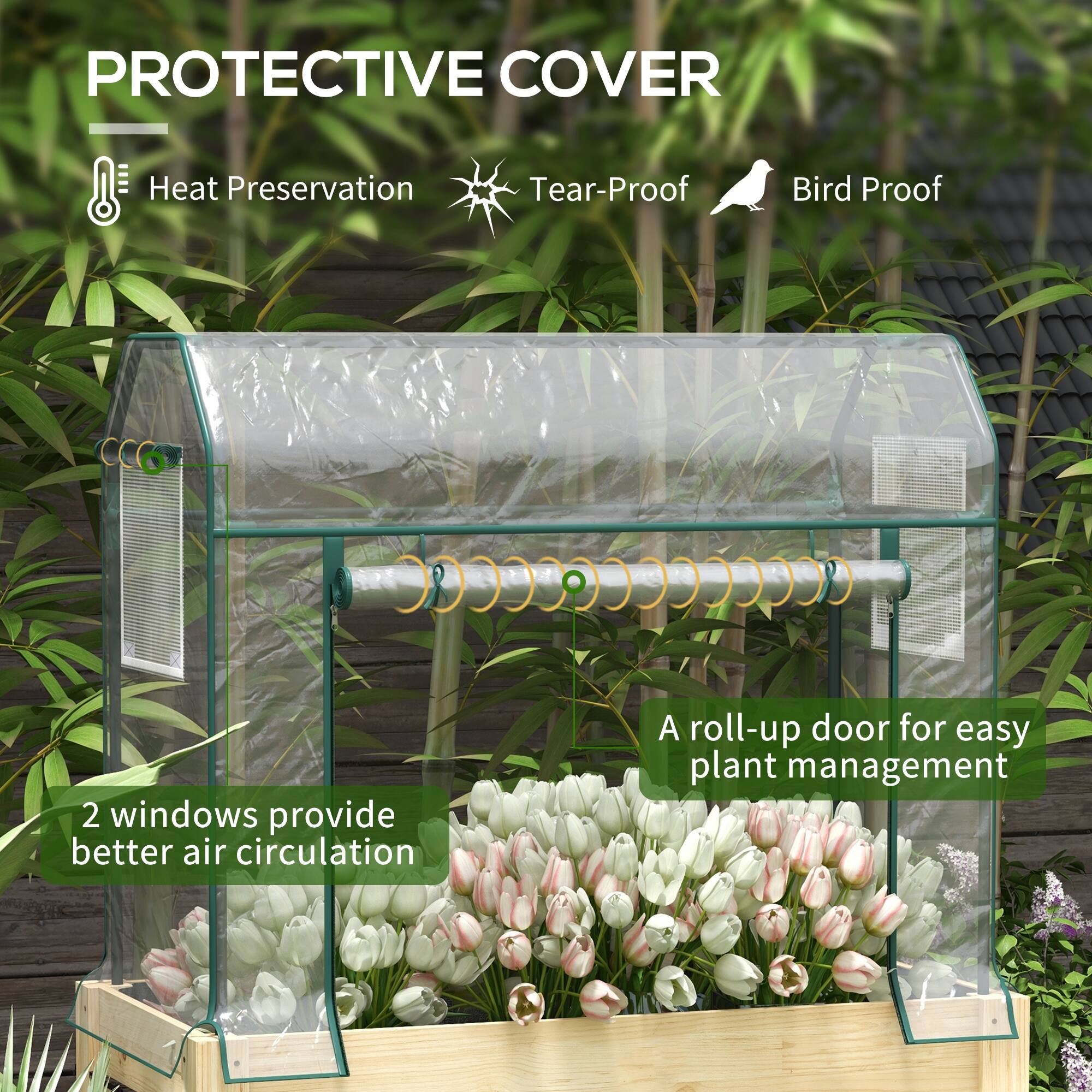 PROTECTIVE COVER  
- Heat Preservation  
- Tear-Proof  
- Bird Proof  

2 windows provide better air circulation  
A roll-up door for easy plant management