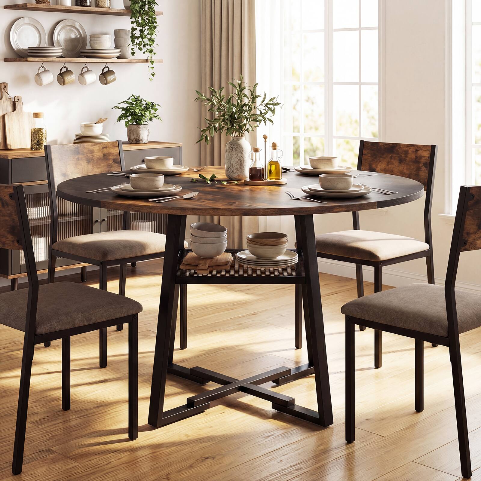 Alt View 3. Gymax - Gymax Round Dining Table for 4-6 47.5'' Dining Room Table w/Storage Shelf & Metal Legs Rustic Brown & Black - Brown.