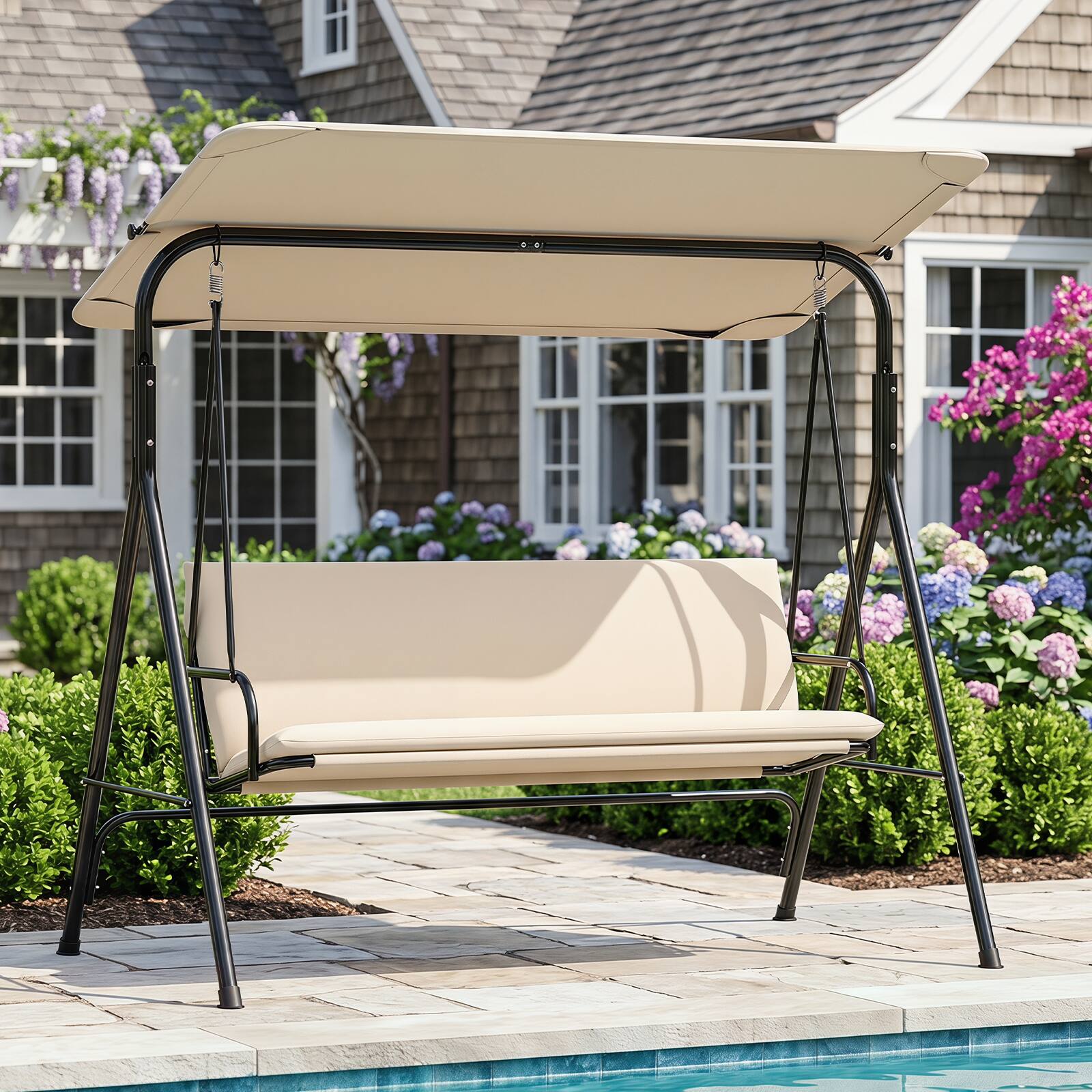 Alt View 3. Gymax - Gymax 3-Seat Outdoor Patio Swing Chair w/  ArmrestsAdjustable Tilt Canopy & Stand Beige - Beige.
