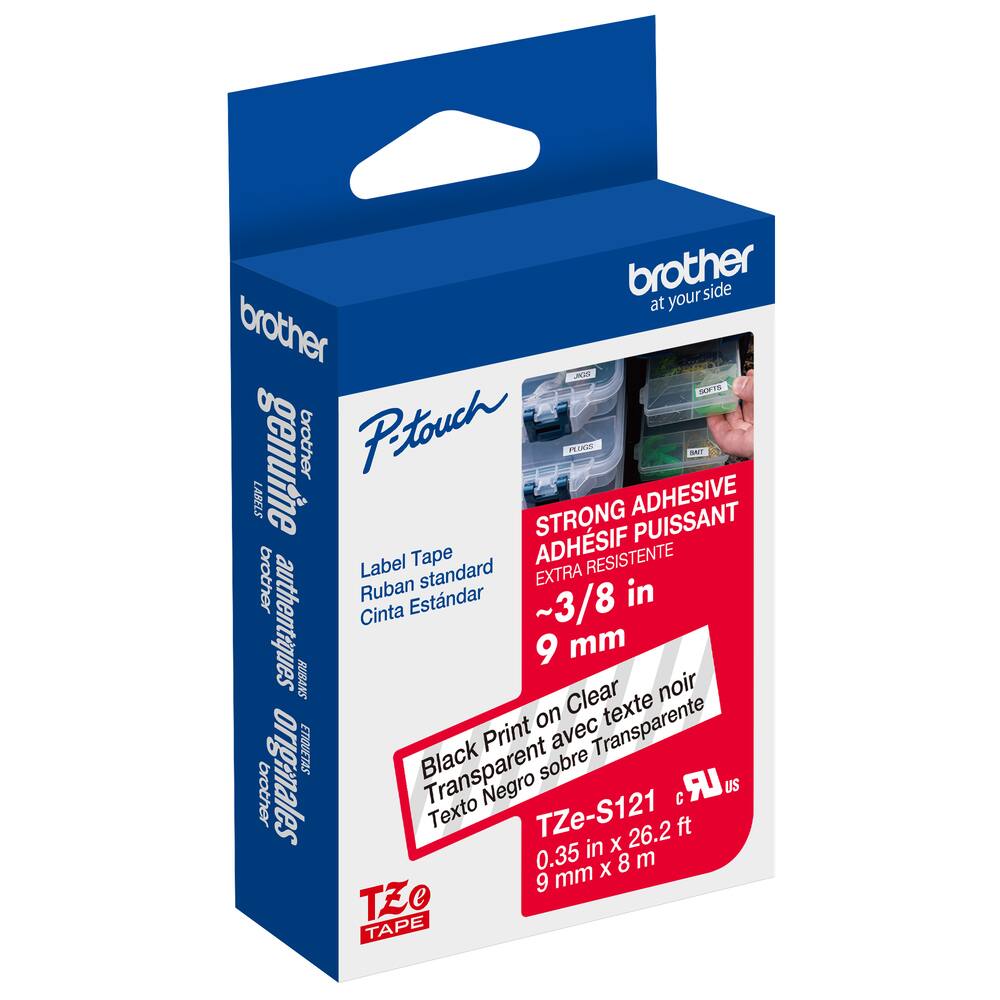 - Brother at your side
- Genuine Brother P-touch
- Originals
- P-touch
- Label Tape
- Ruban standard
- Cinta Estándar
- Strong Adhesive
- Adhesif Puissant
- Extra Resistente
- ~3/8 in
- 9 mm
- Black Print on Clear
- Texto Negro sobre Transparente
- Transparente avec texte noir
- TZe-S121
- 0.35 in x 26.2 ft
- 9 mm x 8 m