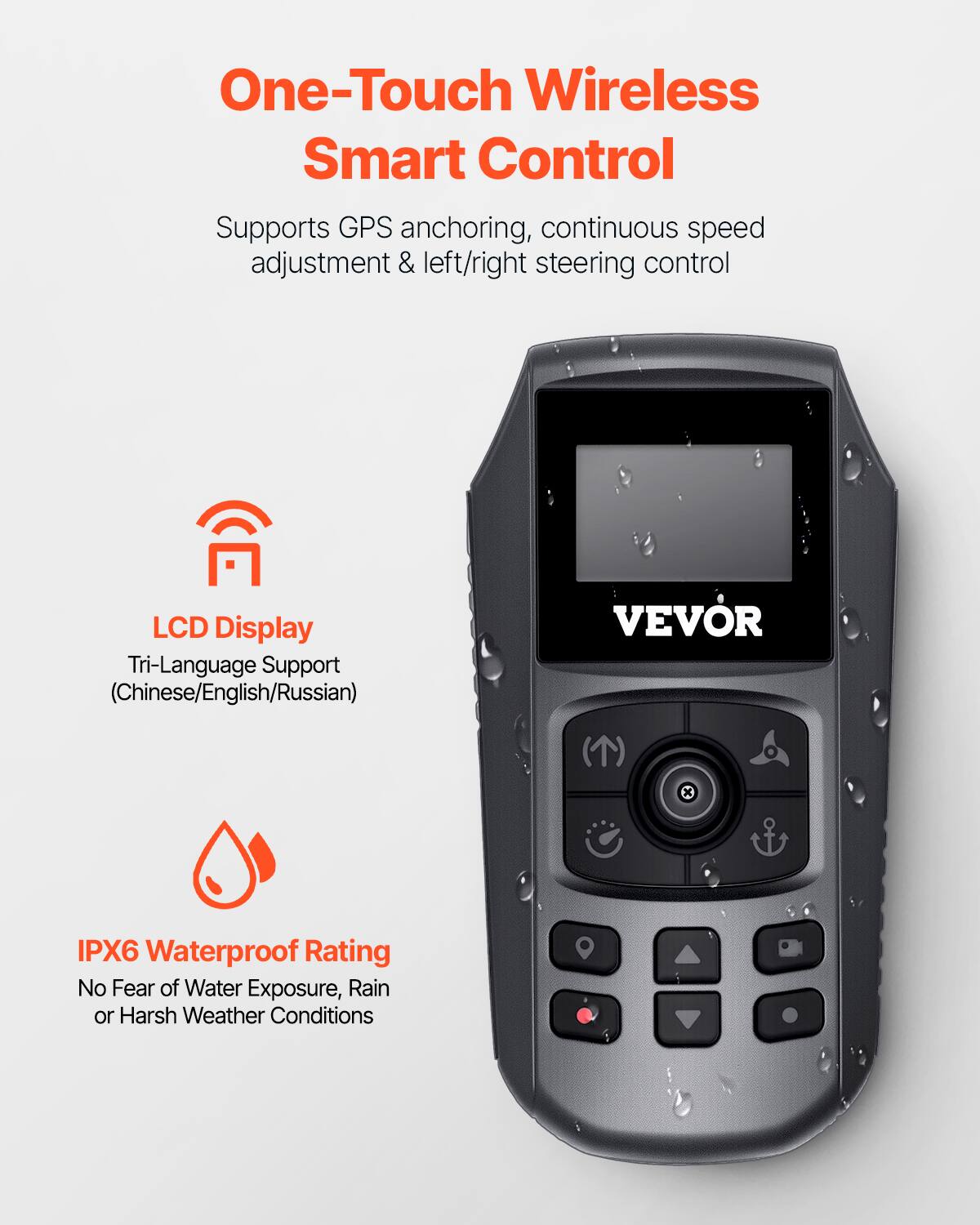 One-Touch Wireless Smart Control  
Supports GPS anchoring, continuous speed adjustment & left/right steering control  

LCD Display  
Tri-Language Support (Chinese/English/Russian)  

IPX6 Waterproof Rating  
No Fear of Water Exposure, Rain or Harsh Weather Conditions