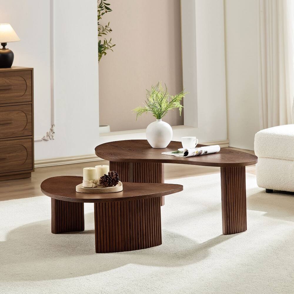 Back. Loheer - Loheer 2-Piece Modern Irregular Shape Coffee Table Set Walnut Nesting End Tables - Walnut.