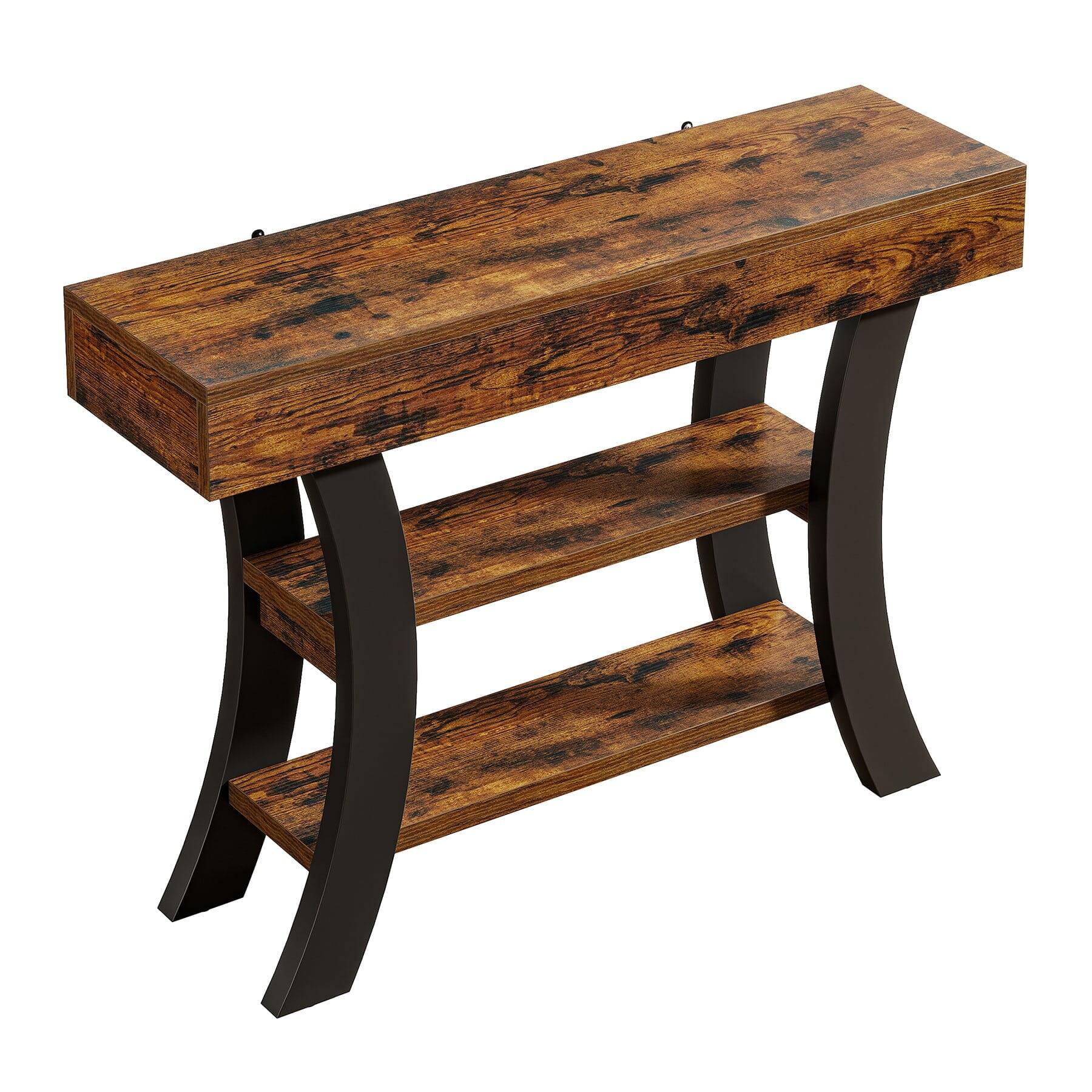 Alt View 1. Kadyn - Industrial Console Table - Shelves, Metal Legs, Living Room Side Table, Rustic Sofa Entryway, Storage, Brown - Brown.