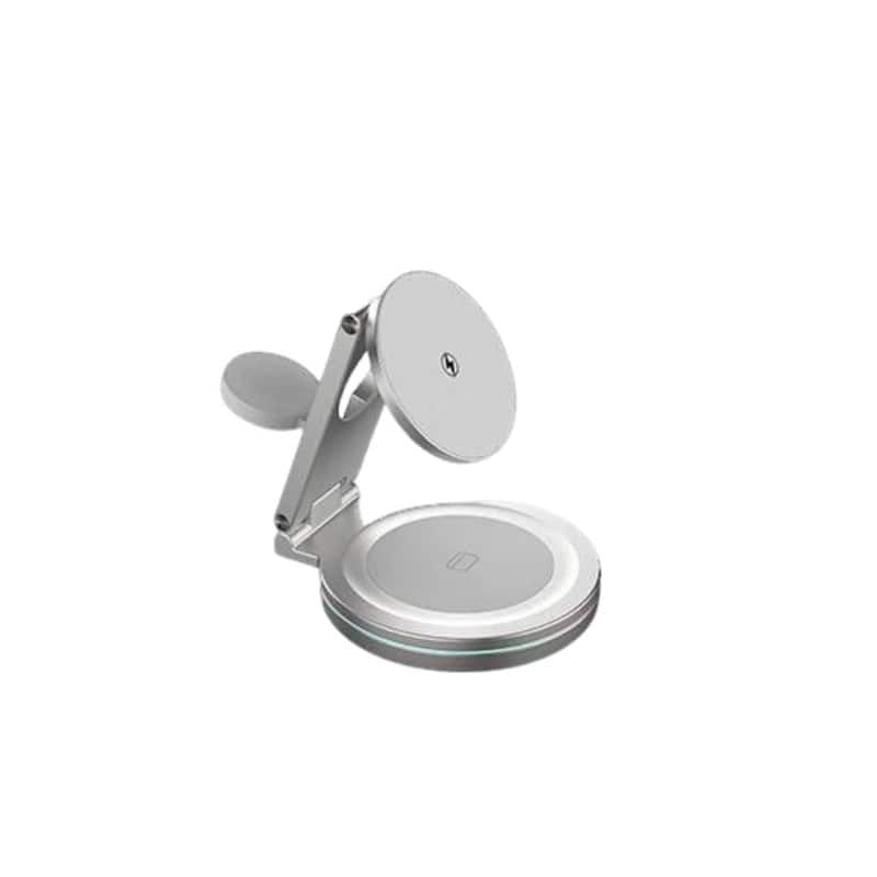 RISOKEYS - 3-in-1 Wireless Charger - Desktop Foldable and Angle-Adjustable Metal Stand, Fast Charging, Magnetic Power Adapter - Silver