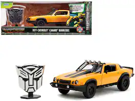 1977 Chevrolet Camaro Off-Road Version Yellow Met. w/Black Stripes & Statue "Transformers" (2023) 1/24 Model Car by Jada