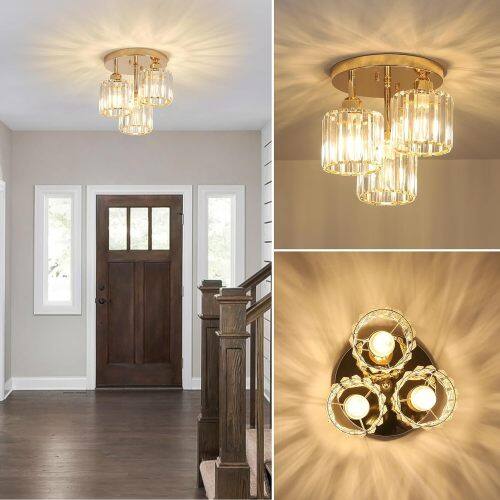 Alt View 1. LUCKY ONE - 10.6in Semi Flush Mount Crystal Ceiling Light, 3-Light Modern Gold Fixture for Kitchen Hallway Bedroom - Golden.