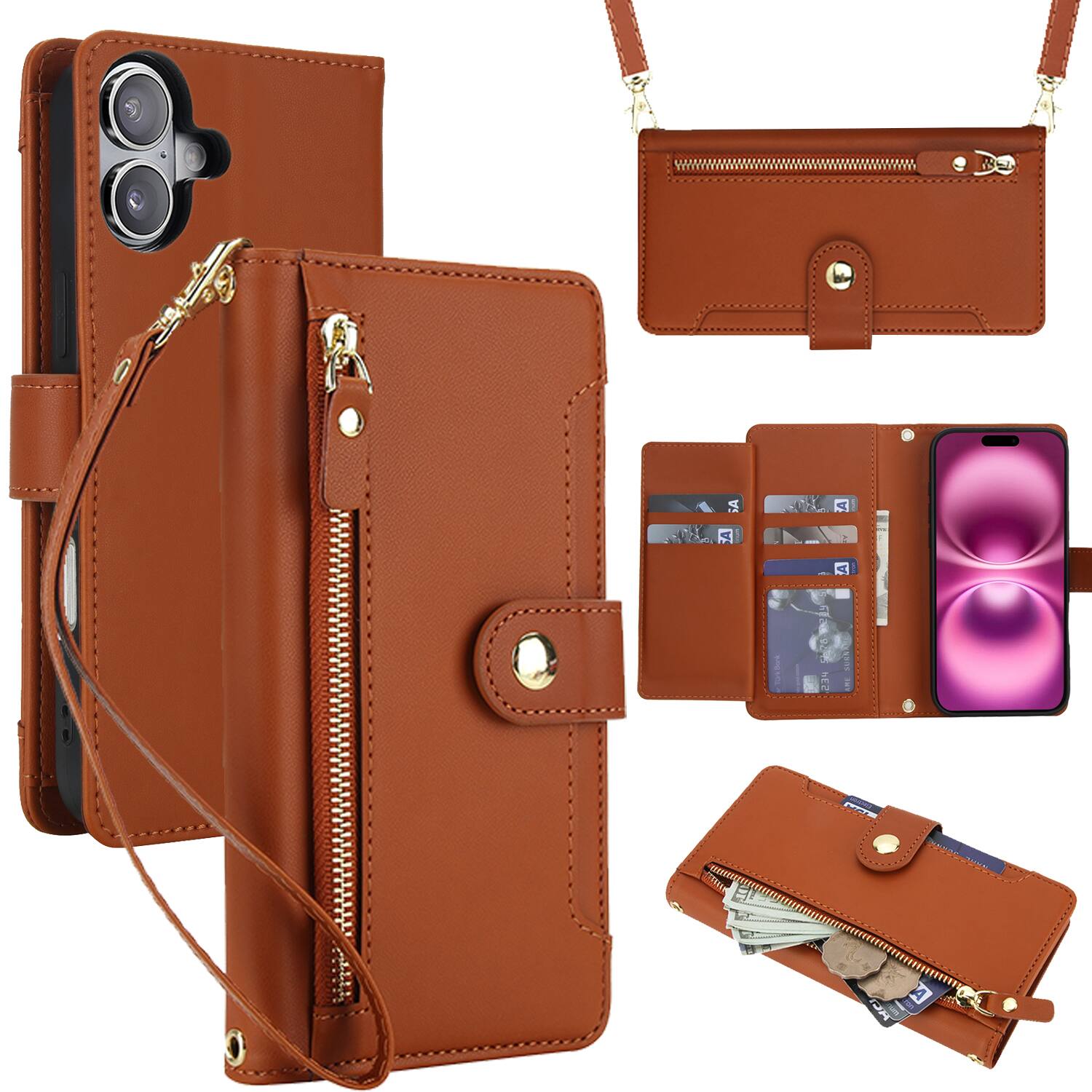 Dteck - Crossbody Zipper Wallet Case for Apple iPhone 16 Plus,Faux Leather Magnetic Closure Flip Credit Card Holder Cover - Brown